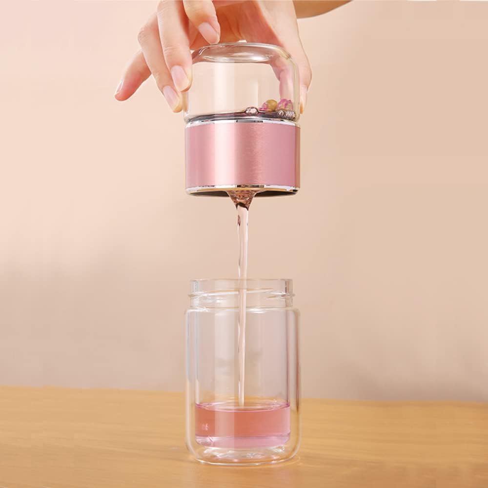 X Spring Tea Infuser Bottle Glass، زجاجة مياه زجاجية مزدوجة الجدار سعة 350 مل مع فلتر من الفولاذ المقاوم للصدأ، كوب سفر محمول مانع للتسرب للمشروبات الساخنة والباردة لعشاق شرب القهوة والشاي - الصورة 2