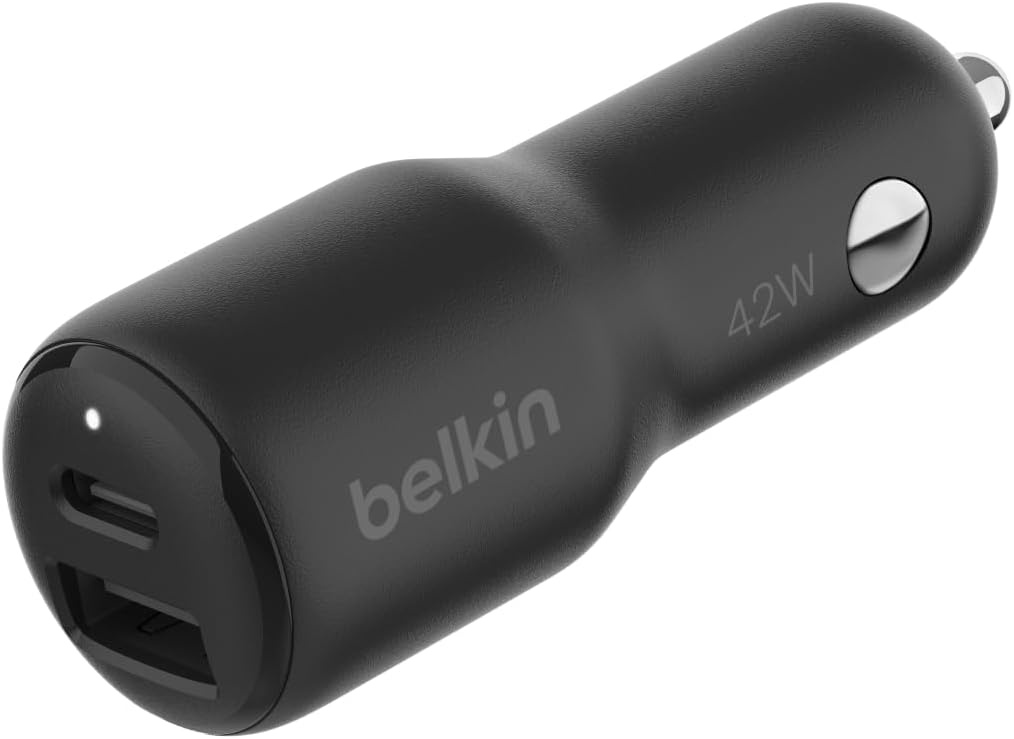 شاحن سيارة مزدوج بوست تشارج من بلكن 42 واط مع شحن سريع USB-C 30 واط بي بي اس ومنافذ USB-A 12 واط لهاتف ابل ايفون 16/16 برو/16 بلس/16 برو ماكس وايفون 15 و14 و13 و12 وسامسونج