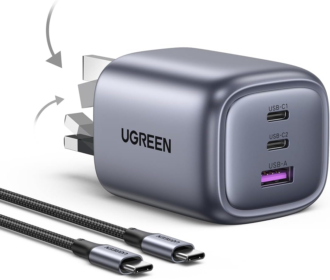 شاحن USB Nexode بقدرة 65 واط من UGREEN مع كابل 1.5 متر 100 واط من النوع C، وقابس شحن سريع بـ 3 منافذ GaN مع رأس شحن جداري قابل للطي لهاتف iPhone 17 Pro Max، متوافق مع أجهزة MacBook وiPad وLeveno وGalaxy S25 Ultra