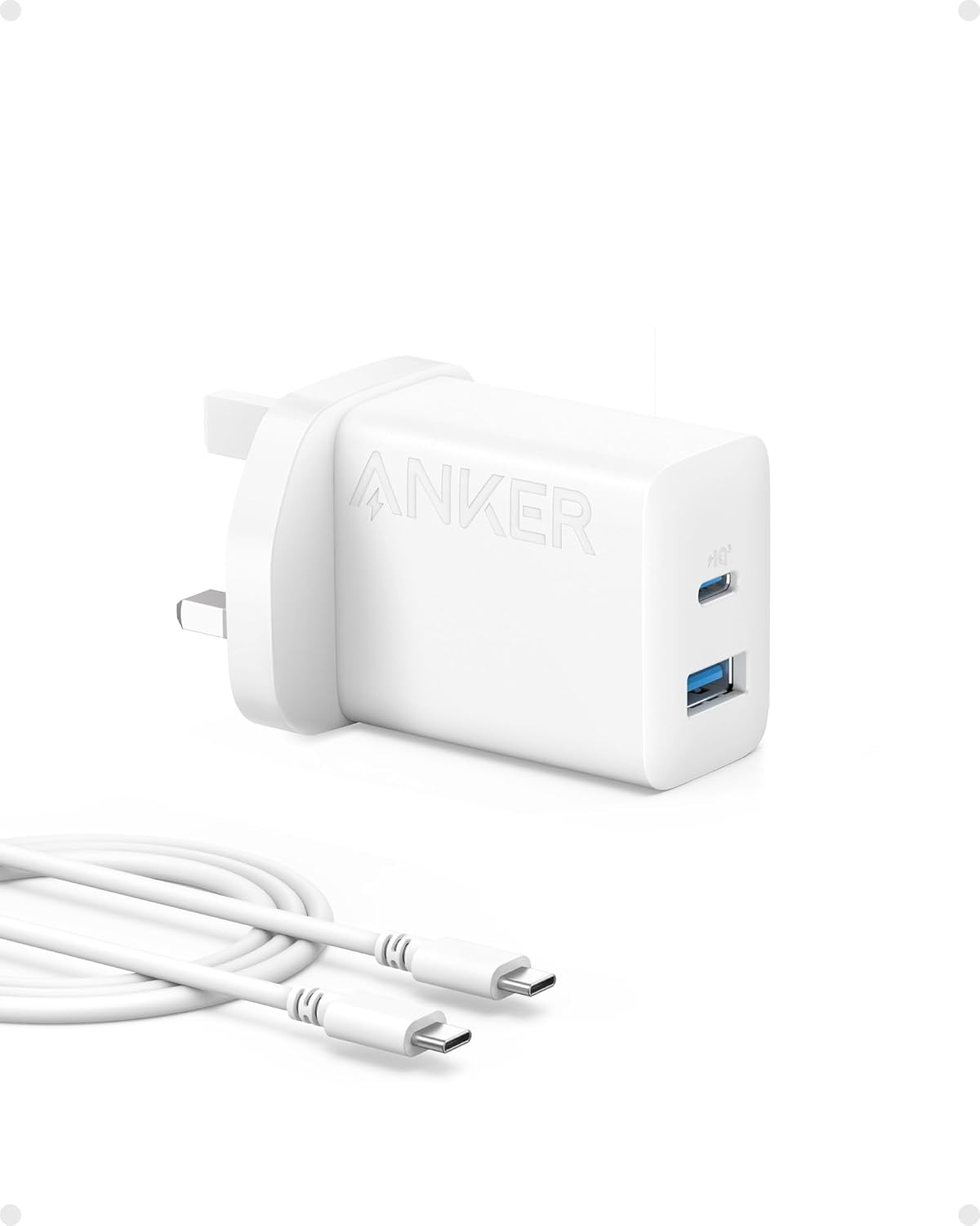 قابس Anker USB C، قابس شاحن USB سريع بمنفذ مزدوج 20 وات، شاحن USB C لأجهزة iPhone 15/15 Pro/15 Pro Max/14/13/12، iPad Pro/AirPods، والمزيد (يتضمن كابل من النوع C) (أبيض، شاحن + كابل)