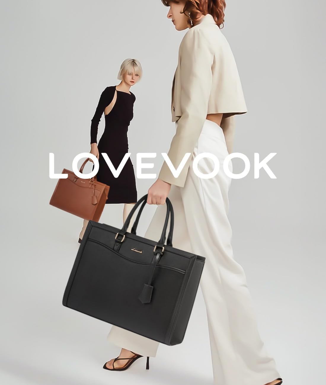 حقيبة كمبيوتر محمول من LOVEVOOK للنساء، حقيبة عمل جلدية للمكتب تناسب أجهزة الكمبيوتر المحمول مقاس 15.6 بوصة، حقيبة يد كبيرة للمدرسين، مجموعة من الجلد مكونة من قطعتين - الصورة 3