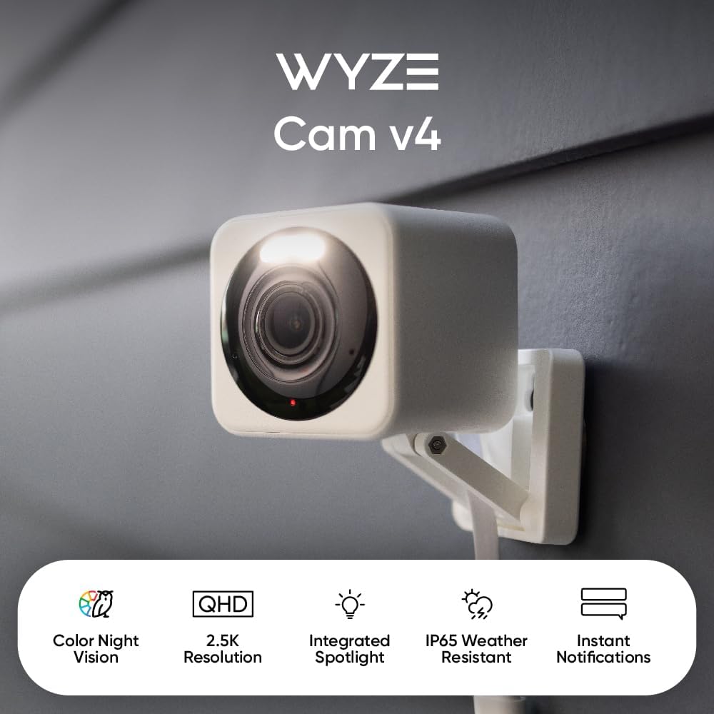 كاميرا Wyze Cam v4، كاميرا أمان منزلية ذكية بدقة 2K HD Wi-Fi، للاستخدام الداخلي/الخارجي، مراقبة الحيوانات الأليفة/الطفل، كشاف/صافرة إنذار تعمل بالحركة، رؤية ليلية ملونة محسنة، صوت ثنائي الاتجاه، تخزين محلي/سحابي، سلكي، أبيض - الصورة 2