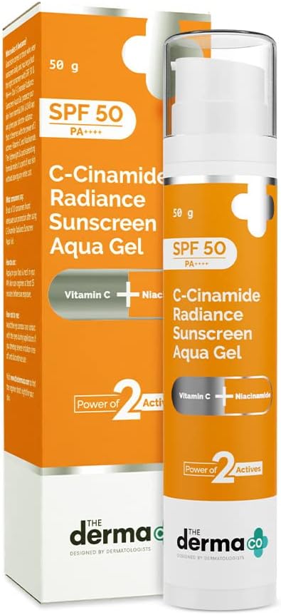 جل مائي واقي من الشمس بعامل حماية من الشمس 50 C-Cinamide Radiance من The Derma Co مع فيتامين C ونياسيناميد | واقي شمسي للوجه خالي من الزيوت وخفيف الوزن للبقع الداكنة مع حماية مرطبة من أشعة الشمس، 50 جم