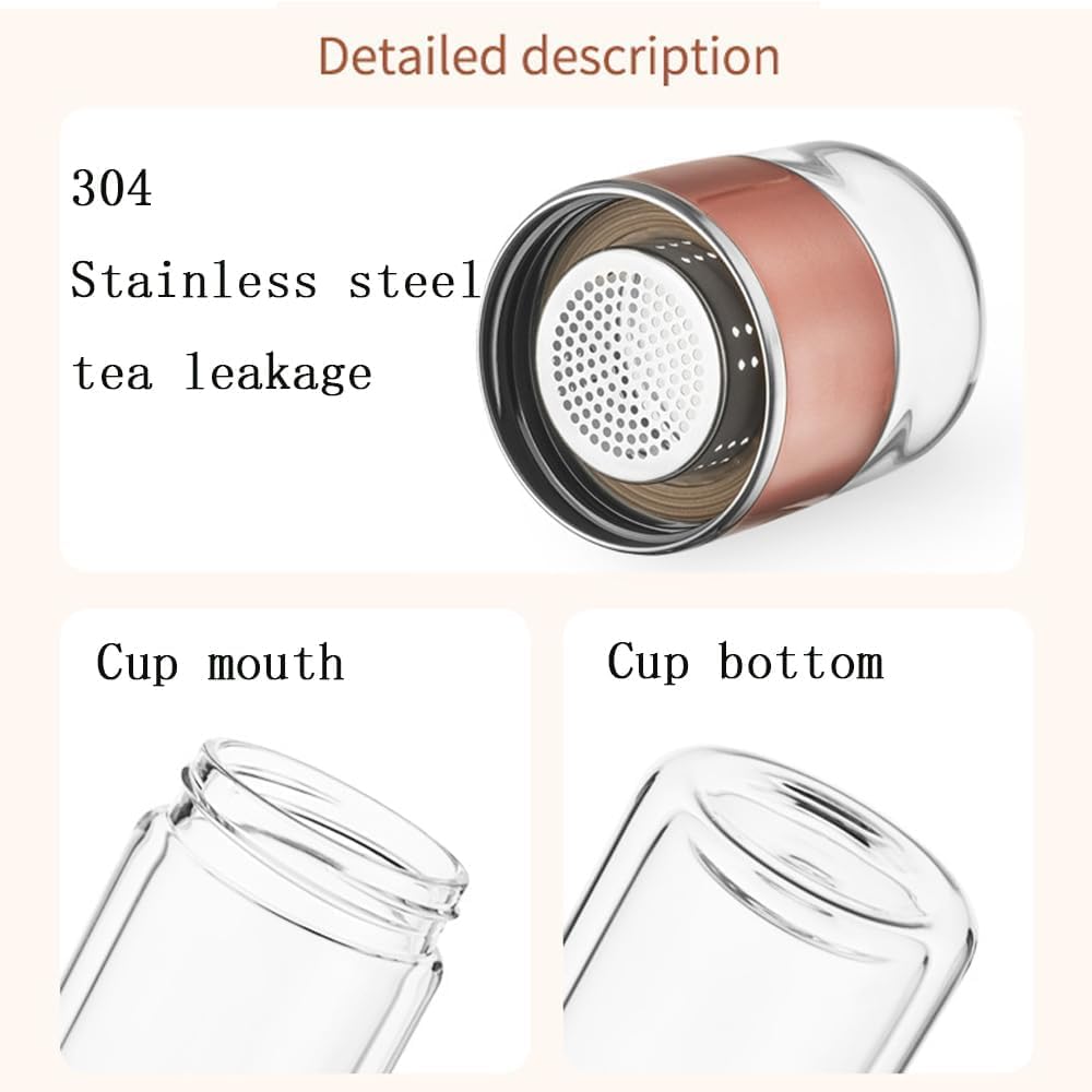 X Spring Tea Infuser Bottle Glass، زجاجة مياه زجاجية مزدوجة الجدار سعة 350 مل مع فلتر من الفولاذ المقاوم للصدأ، كوب سفر محمول مانع للتسرب للمشروبات الساخنة والباردة لعشاق شرب القهوة والشاي - الصورة 6