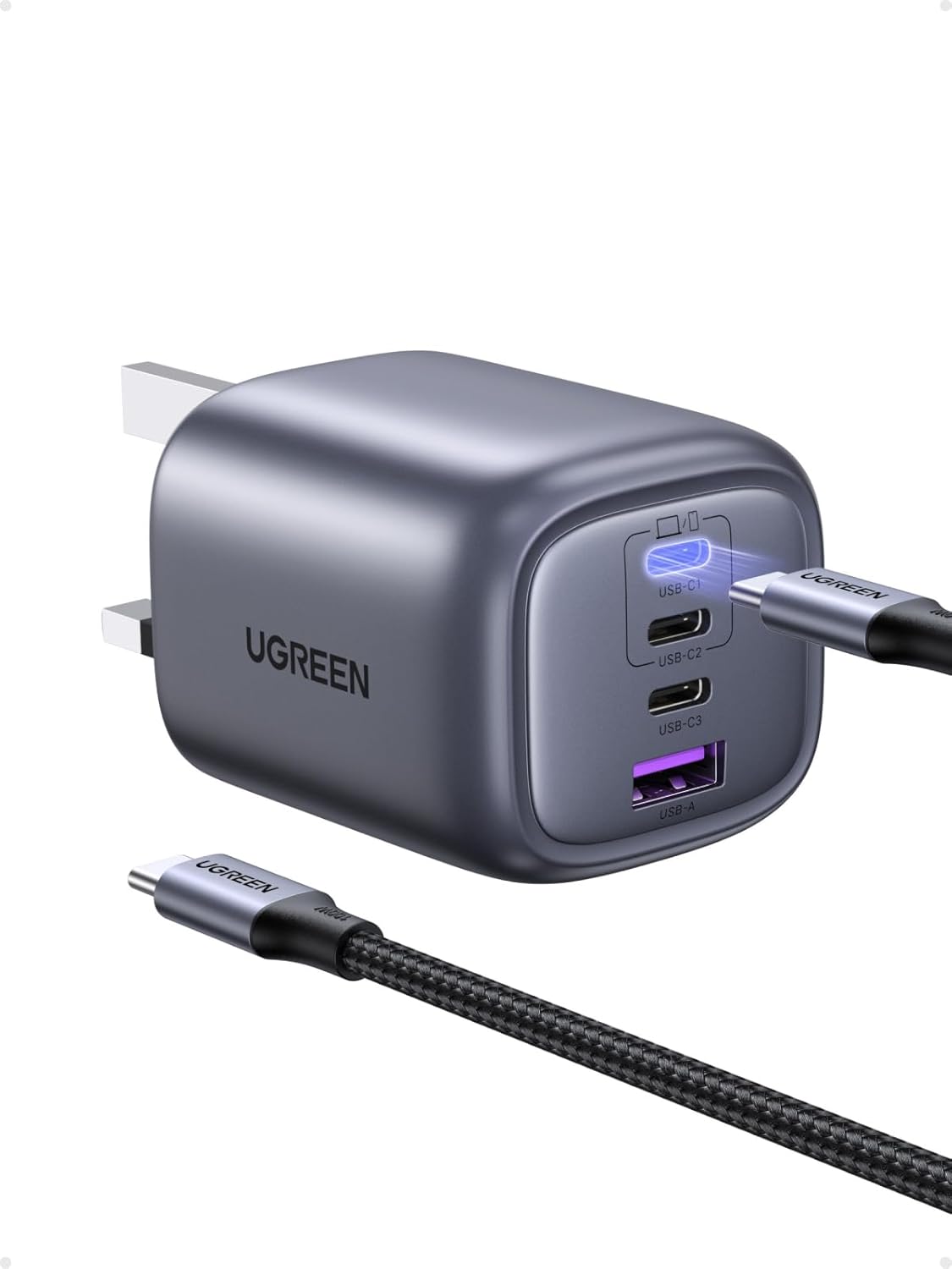 شاحن يوجرين 65 وات من النوع C مع كابل USB C، ومنفذ USB-A وUSB-C، وسماعات توصيل طاقة GaN، وشاحن iPhone، متوافق مع iPhone 17 Pro Max، وMacBook Air، وiPad، وLenovo، وSamsung S25 Ultra.