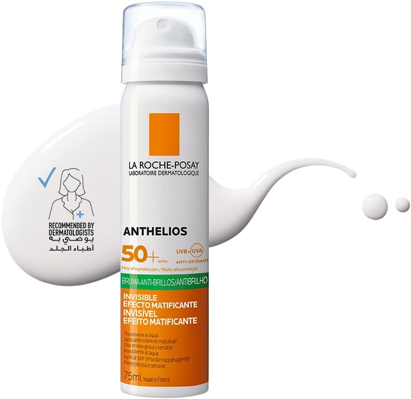La Roche-Posay Anthelios UVMune 400 Anti-Shine Fresh Mist واقي من الشمس SPF 50+ للرجال / النساء؛ كريم الوقاية من الشمس الذي تم اختباره من قبل أطباء الجلد لجميع أنواع البشرة، 75 مل
