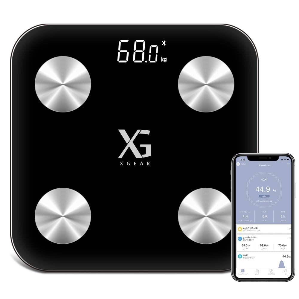 XGEAR - مقياس رقمي ذكي، ميزان إلكتروني ذكي أسود مزود بتقنية Bluetooth وأحدث ميزة لساعة الجسم - تحليل تكوين الجسم