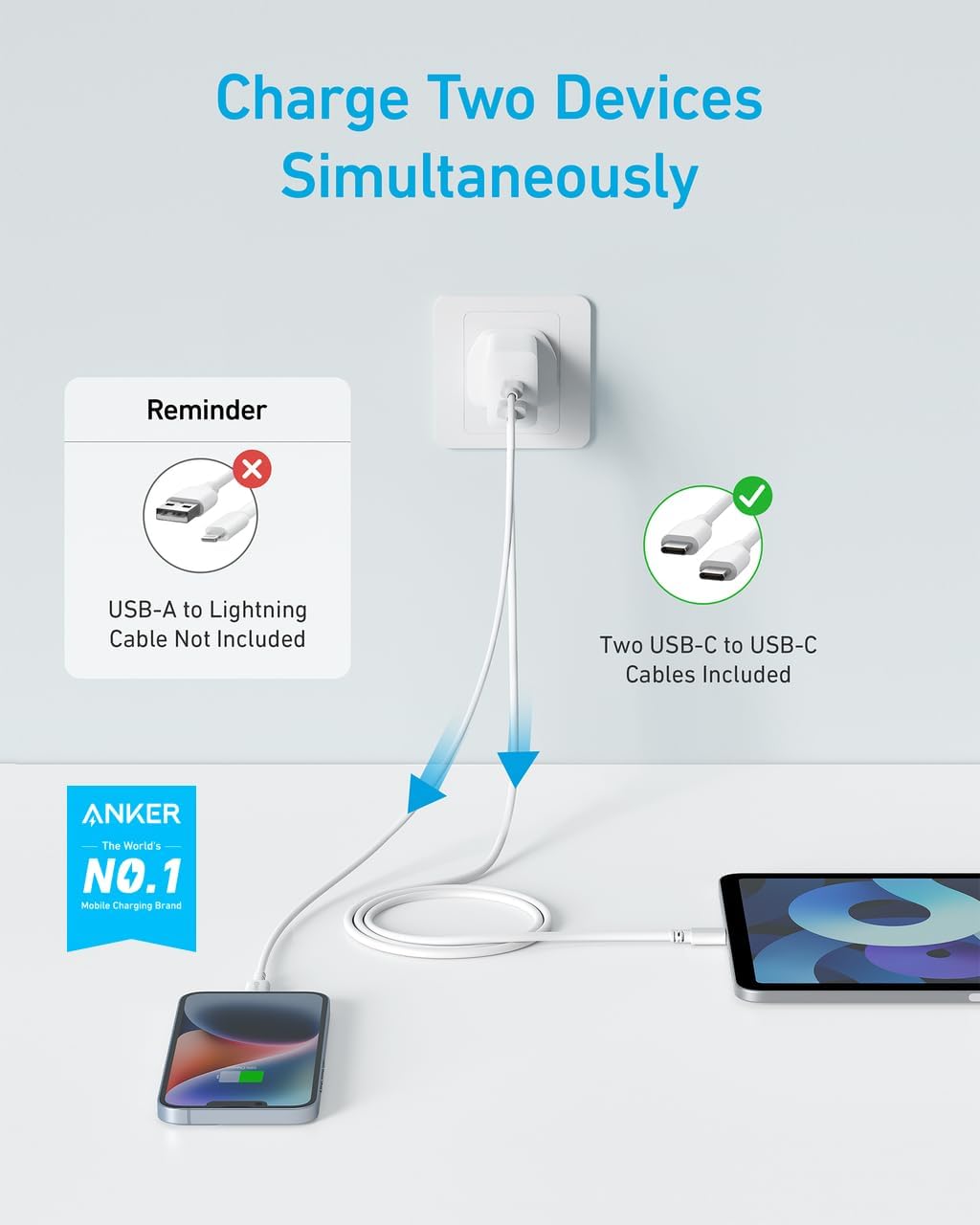 قابس Anker USB C، قابس شاحن USB سريع بمنفذ مزدوج 20 وات، شاحن USB C لأجهزة iPhone 15/15 Pro/15 Pro Max/14/13/12، iPad Pro/AirPods، والمزيد (يتضمن كابل من النوع C) (أبيض، شاحن + كابل) - الصورة 2