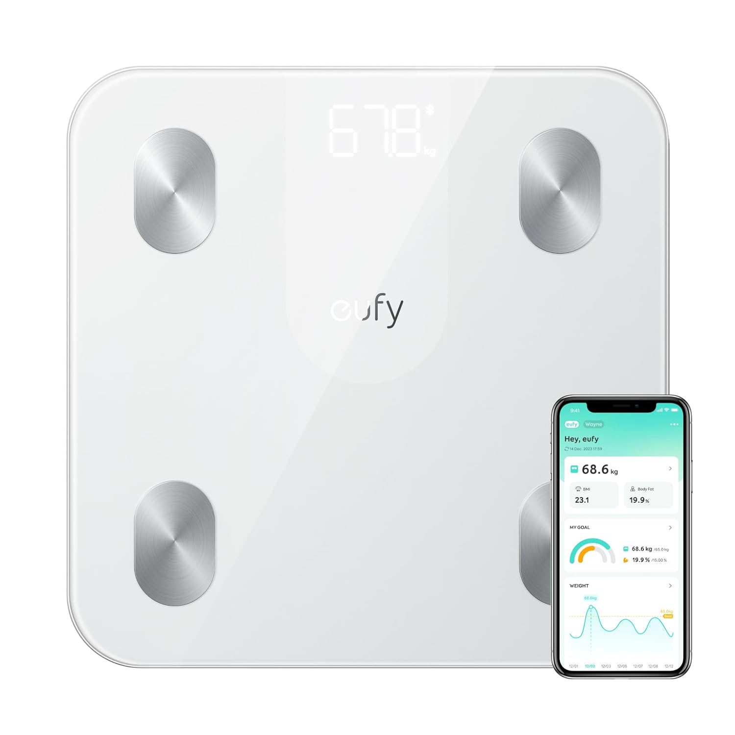 eufy من Anker Smart Scale A1 مقياس رقمي مدمج مع بلوتوث، مع 12 قياسًا، الوزن/دهون الجسم/مؤشر كتلة الجسم، تحليل تكوين الجسم للياقة البدنية، رطل/كجم - أبيض