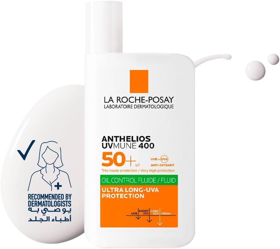 La Roche-Posay Anthelios UVMune 400 واقي شمسي سائل للتحكم في الزيت بعامل حماية من الشمس 50+ للرجال/النساء؛ كريم الوقاية من الشمس الذي تم اختباره من قبل أطباء الجلدية للبشرة الدهنية الحساسة، 50 مل
