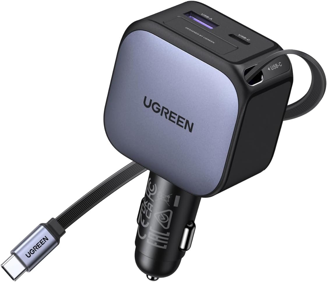 شاحن من يوجرين بمنفذ USB متوافق مع آيفون 17 وسامسونج S25 وبيكسل 10، 3 منافذ، 90 واط، شحن سريع وكابل قابل للسحب مع حماية متعددة