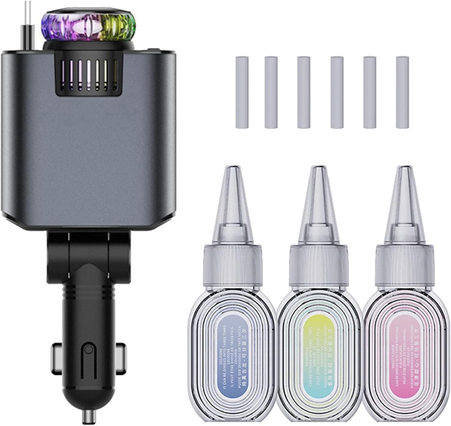 شاحن سيارة 5 في 1 برأس قابل للتعديل 180 درجة، كابلات شحن سريعة قابلة للسحب 80 سم USB-C وiOS، منفذ مزدوج 45 وات، معطر هواء مع ضوء نجمة LED، كابل من النوع C، شاحن سيارة شحن سريع - الصورة 6