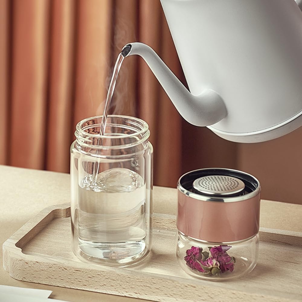 X Spring Tea Infuser Bottle Glass، زجاجة مياه زجاجية مزدوجة الجدار سعة 350 مل مع فلتر من الفولاذ المقاوم للصدأ، كوب سفر محمول مانع للتسرب للمشروبات الساخنة والباردة لعشاق شرب القهوة والشاي - الصورة 4