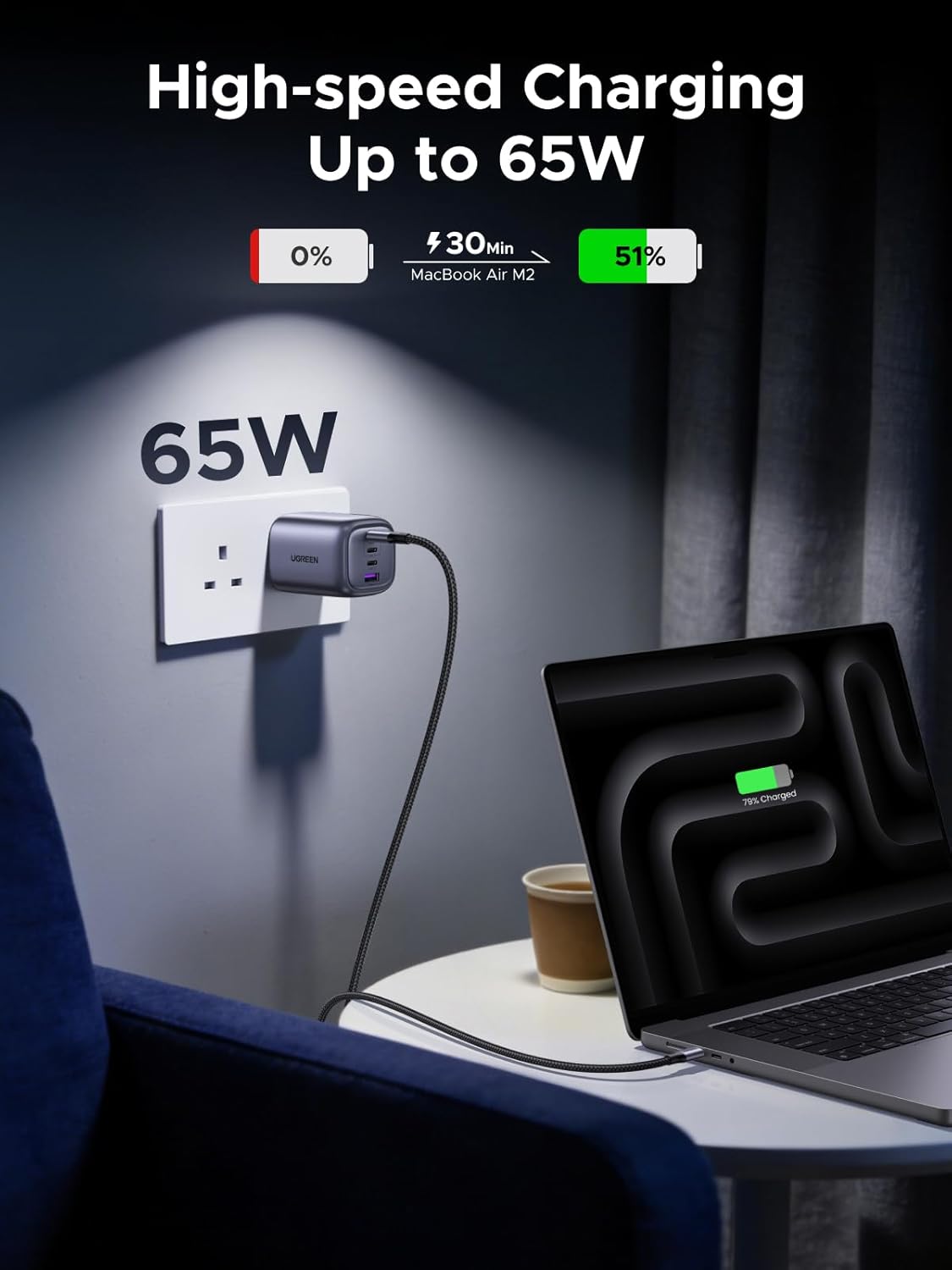 شاحن يوجرين 65 وات من النوع C مع كابل USB C، ومنفذ USB-A وUSB-C، وسماعات توصيل طاقة GaN، وشاحن iPhone، متوافق مع iPhone 17 Pro Max، وMacBook Air، وiPad، وLenovo، وSamsung S25 Ultra. - الصورة 2