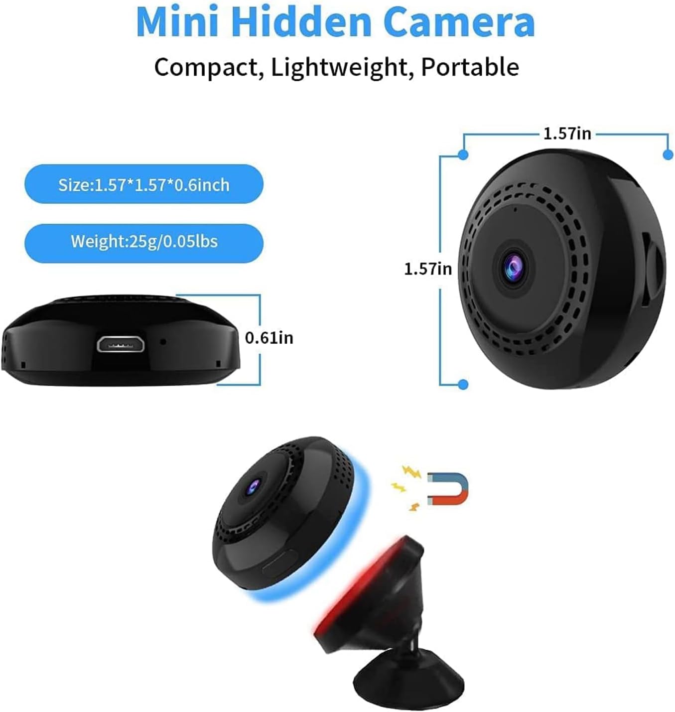 كاميرا أمان DDLC V380 PRO WiFi CCTV للمنزل في الهواء الطلق، مغناطيس عالي الدقة للتركيز، كاميرا مغناطيسية صغيرة للبث المباشر IP لاسلكية 1080 بكسل لأمن المكاتب المنزلية (مغناطيس صغير) - الصورة 2