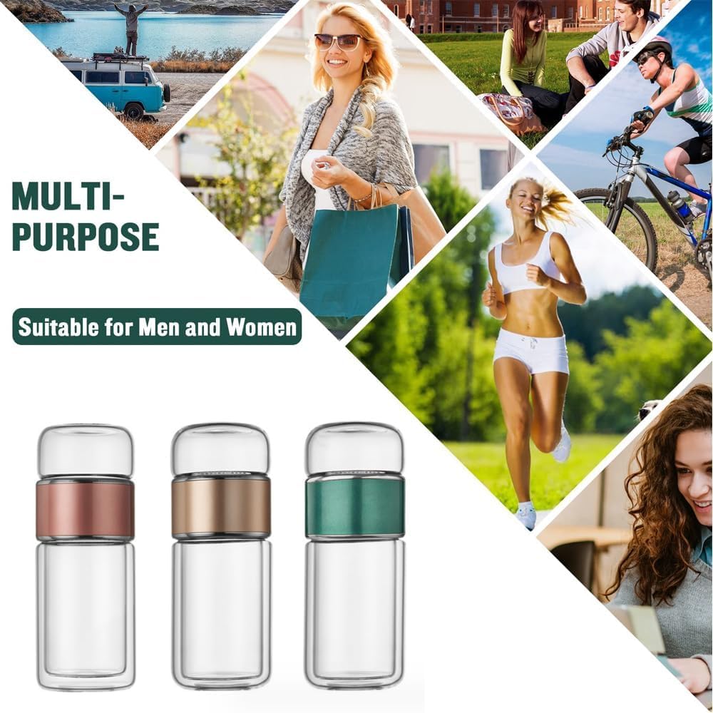 X Spring Tea Infuser Bottle Glass، زجاجة مياه زجاجية مزدوجة الجدار سعة 350 مل مع فلتر من الفولاذ المقاوم للصدأ، كوب سفر محمول مانع للتسرب للمشروبات الساخنة والباردة لعشاق شرب القهوة والشاي - الصورة 7