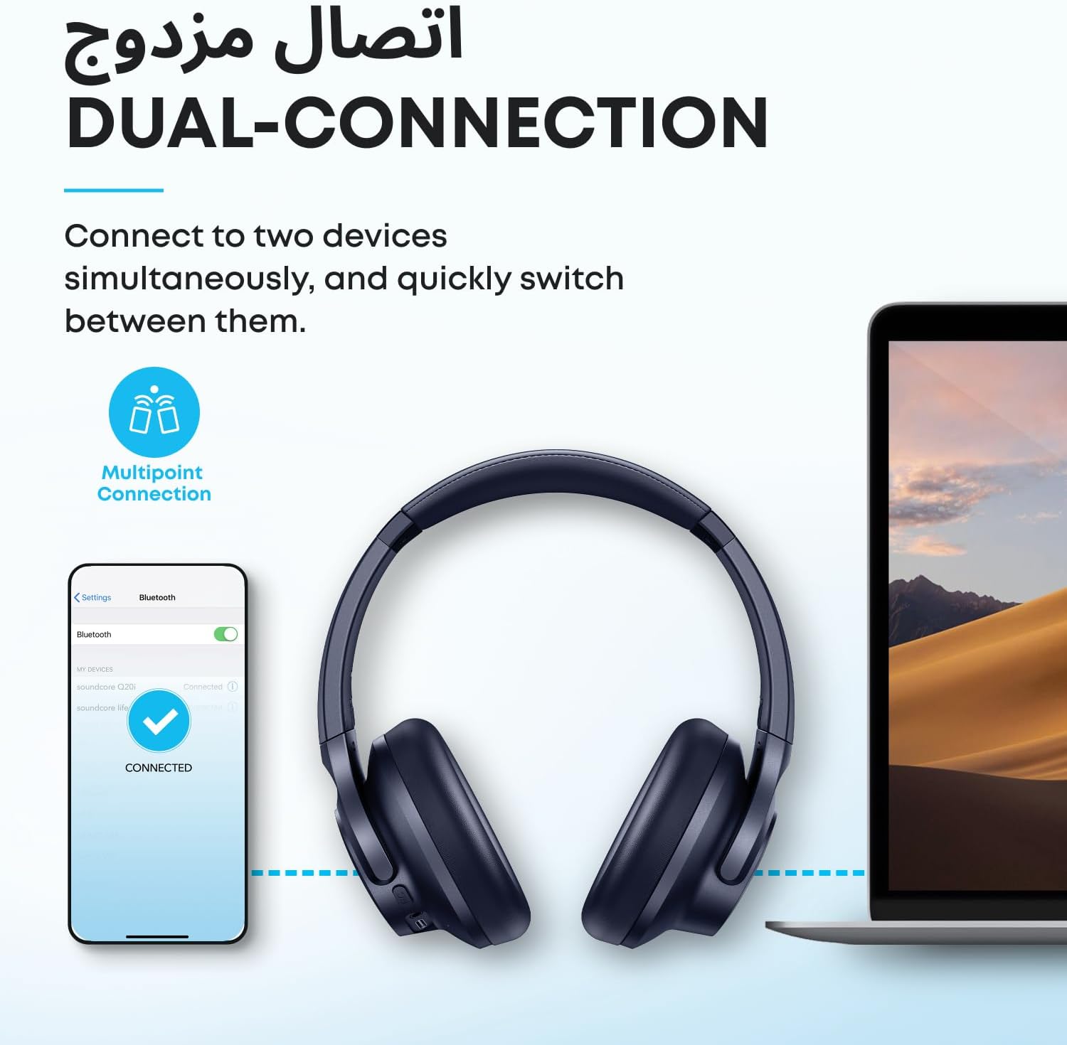 سماعات رأس soundcore من Anker Q20i Hybrid Active Noise Canceling القابلة للطي، بلوتوث لاسلكي فوق الأذن، وقت تشغيل ANC طويل 40 ساعة، صوت عالي الدقة، صوت جهير كبير، تخصيص عبر تطبيق، وضع الشفافية - الصورة 7