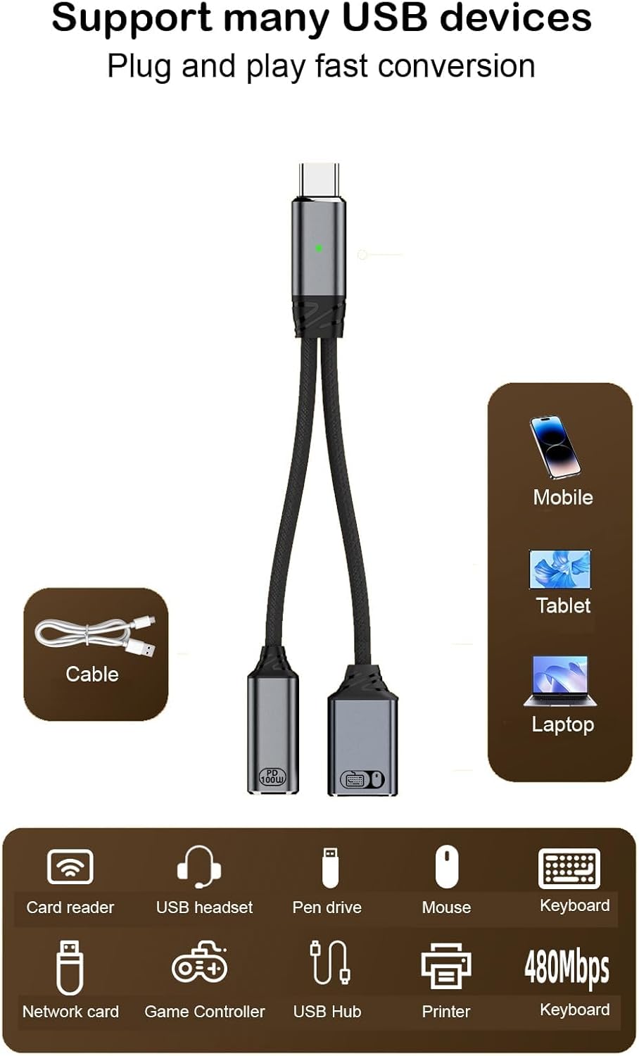 محول مقسم USB-C إلى USB-A وUSB-C PD كابل OTG 2 في 1 مع شحن سريع 100 واط، ونقل البيانات ودعم الأجهزة الطرفية لأجهزة الكمبيوتر المحمول والهواتف الذكية (رمادي) - الصورة 6
