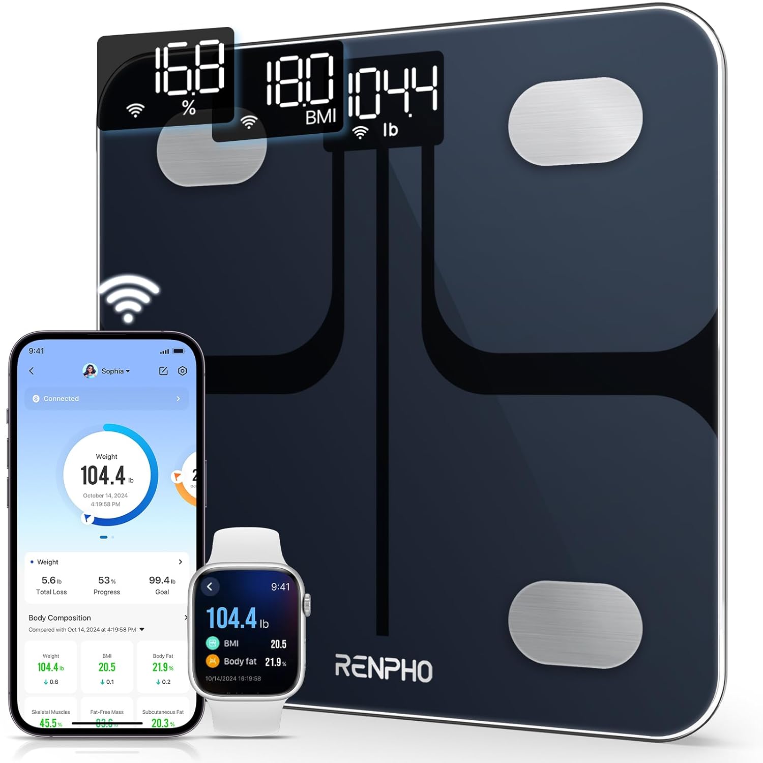 مقياس RENPHO Wi-Fi Bluetooth الذكي الرقمي لوزن الحمام مؤشر كتلة الجسم لقياس الدهون في الجسم يتتبع 13 مقياسًا، تحليل تكوين الجسم اللاسلكي ومراقبة الصحة مع شاشة LED مضاءة - Elis Aspire