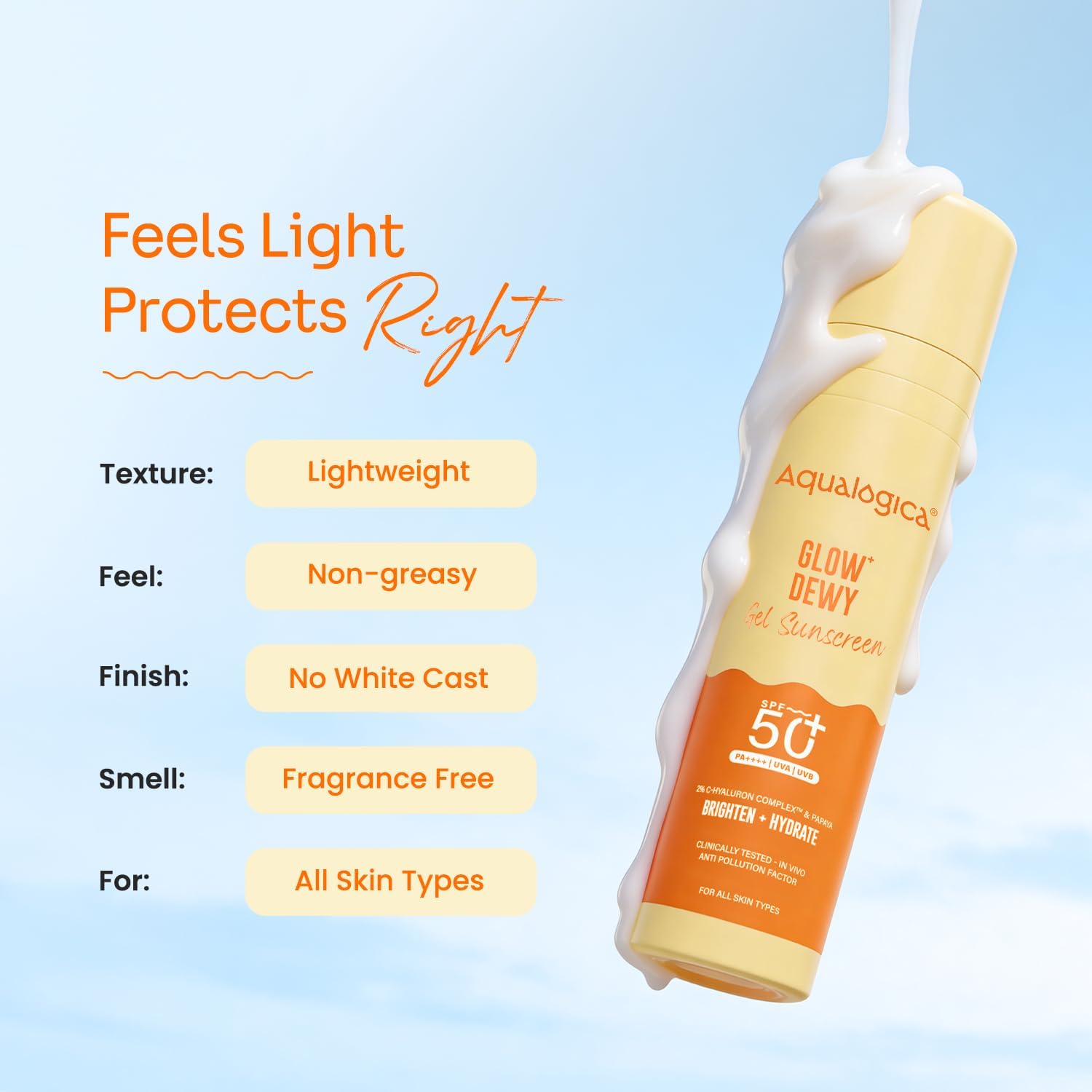 كريم الوقاية من الشمس Aqualogica Glow+ Dewy مع فيتامين C وحمض الهيالورونيك ومستخلص البابايا | عامل حماية من الشمس 50 PA++++، حماية واسعة النطاق من الأشعة فوق البنفسجية فئة A وB، تفتيح، ترطيب، خفيف الوزن ولا يحتوي على حماية من الزهر الأبيض، 50 جم - الصورة 10