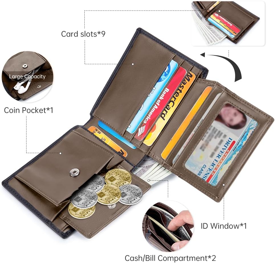 محفظة جلدية أصلية بخاصية RFID للرجال، محفظة كلاسيكية مضادة للسرقة للرجال، محفظة جيب أمامي مع 10 حاملات لبطاقات الائتمان، مقصورتين للفواتير النقدية وجيب واحد للعملات المعدنية - الصورة 2