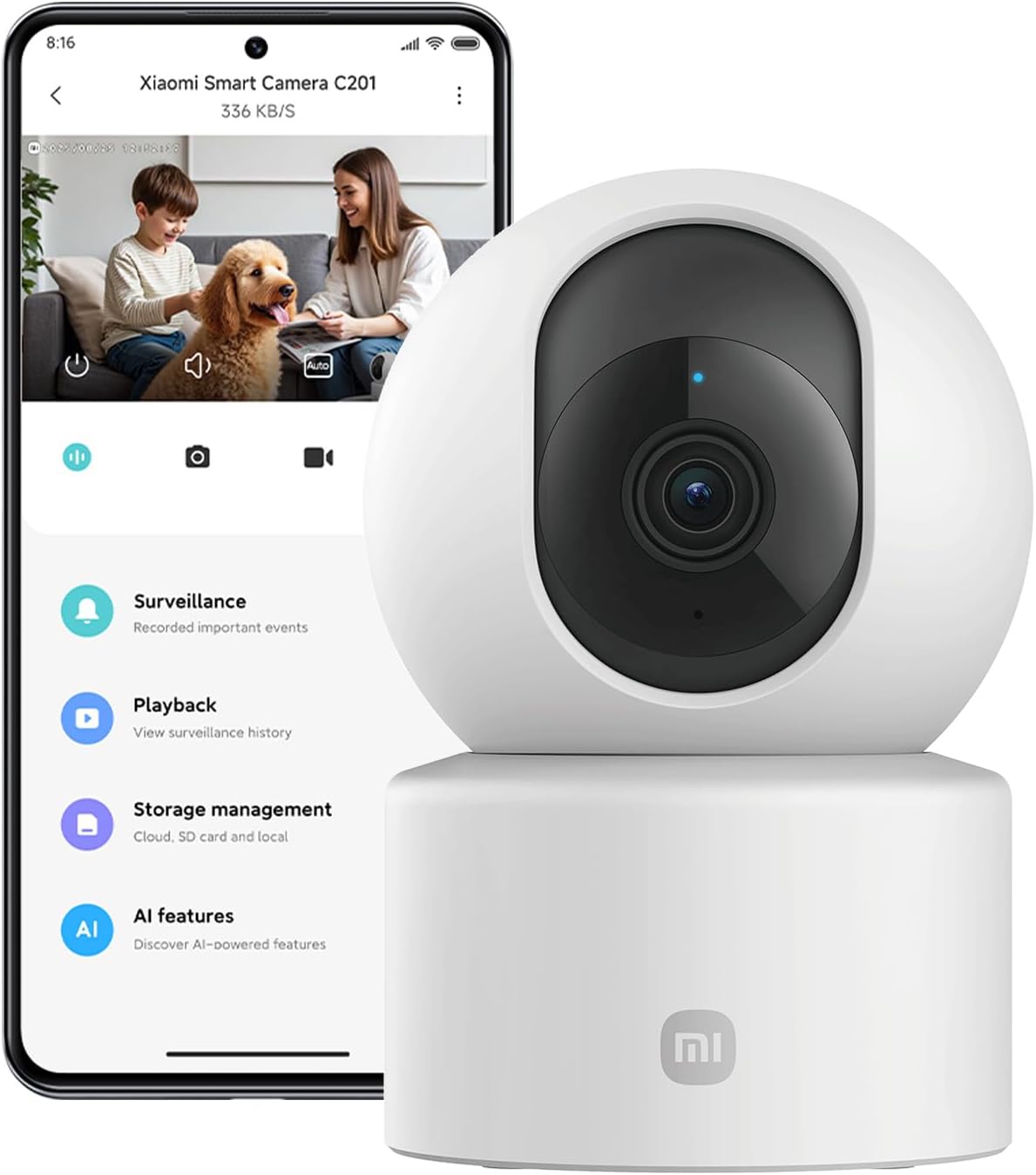 XIAOMI C201 1080p كاميرا داخلية قابلة للإمالة، كاميرا أمان WiFi، عرض 360 درجة، رؤية ليلية ملونة، صوت ثنائي الاتجاه، كاميرات مراقبة للكلاب الأليفة، تعمل مع Alexa وGoogle