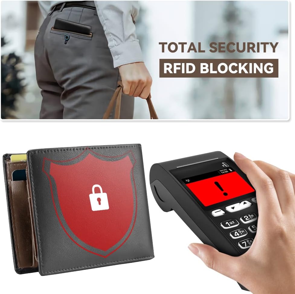 محفظة جلدية أصلية بخاصية RFID للرجال، محفظة كلاسيكية مضادة للسرقة للرجال، محفظة جيب أمامي مع 10 حاملات لبطاقات الائتمان، مقصورتين للفواتير النقدية وجيب واحد للعملات المعدنية - الصورة 3