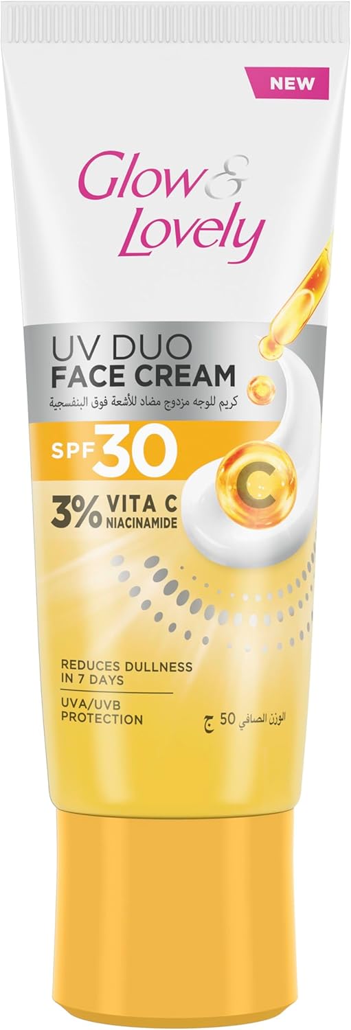 كريم الوجه المزدوج المتوهج والجميل، عامل حماية من الشمس SPF 30، مع 3% فيتامين C والنياسيناميد، يقلل من البهتان في 7 أيام، 50 جم