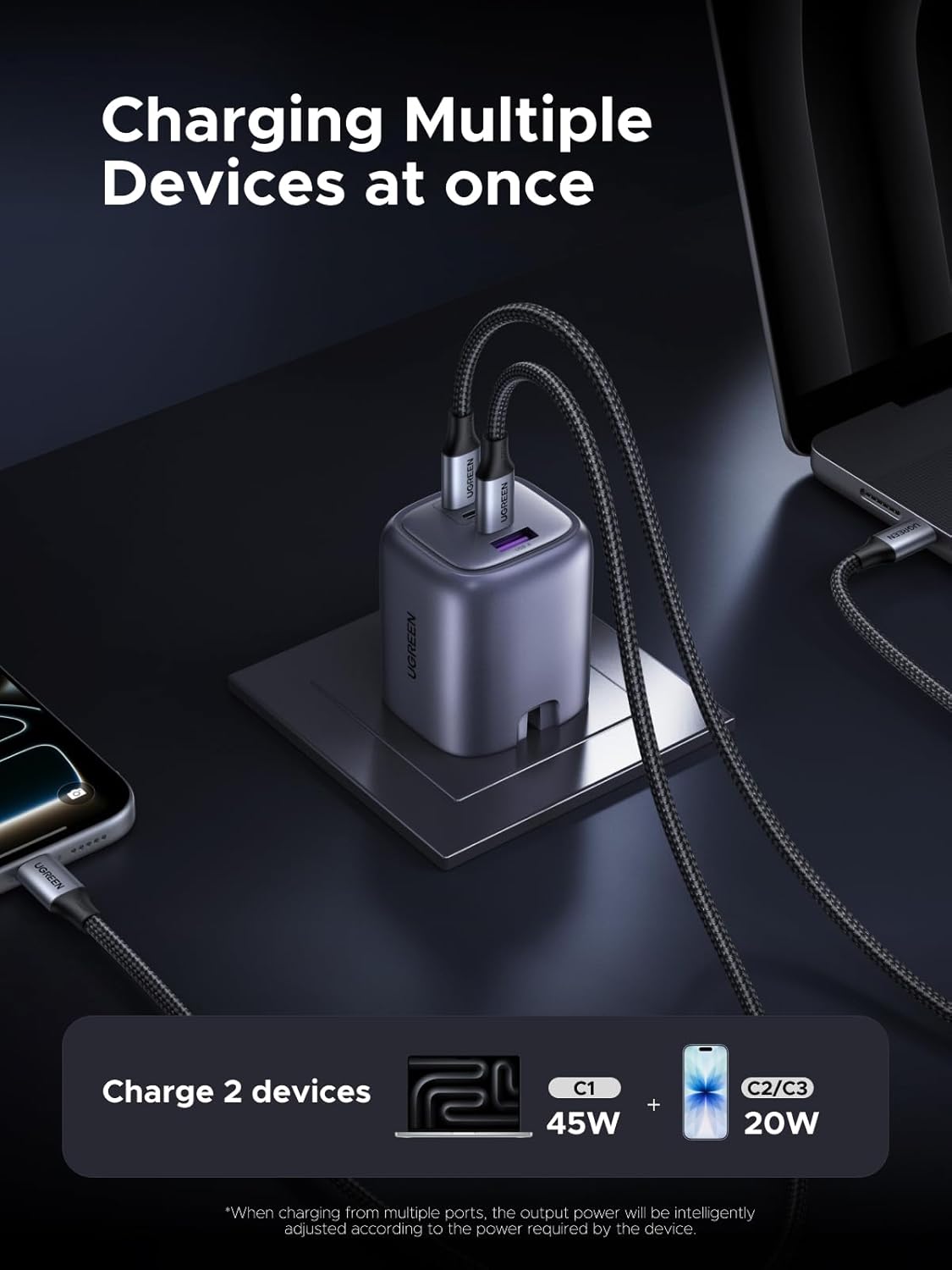 شاحن يوجرين 65 وات من النوع C مع كابل USB C، ومنفذ USB-A وUSB-C، وسماعات توصيل طاقة GaN، وشاحن iPhone، متوافق مع iPhone 17 Pro Max، وMacBook Air، وiPad، وLenovo، وSamsung S25 Ultra. - الصورة 3