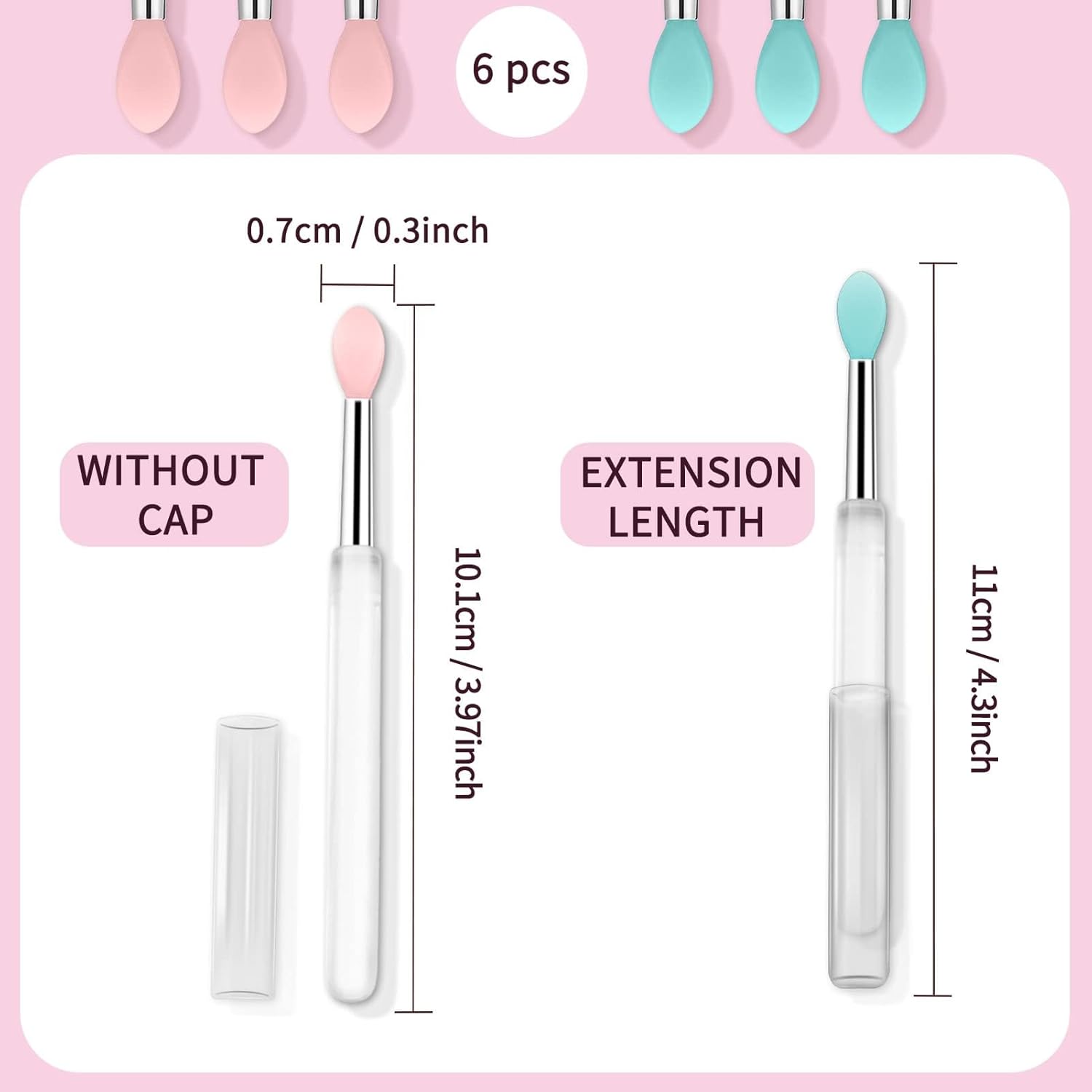 6 قطع من فرش الشفاه سيليكون من تسويق، فرش مكياج، مع أغطية مقاومة للأوساخ للحماية، فرش لوضع أحمر الشفاه، لملمع الشفاه، قناع الشفاه، ظلال العيون، كريم الشفاه، أداة تجميل المكياج، وردي+أزرق - الصورة 3
