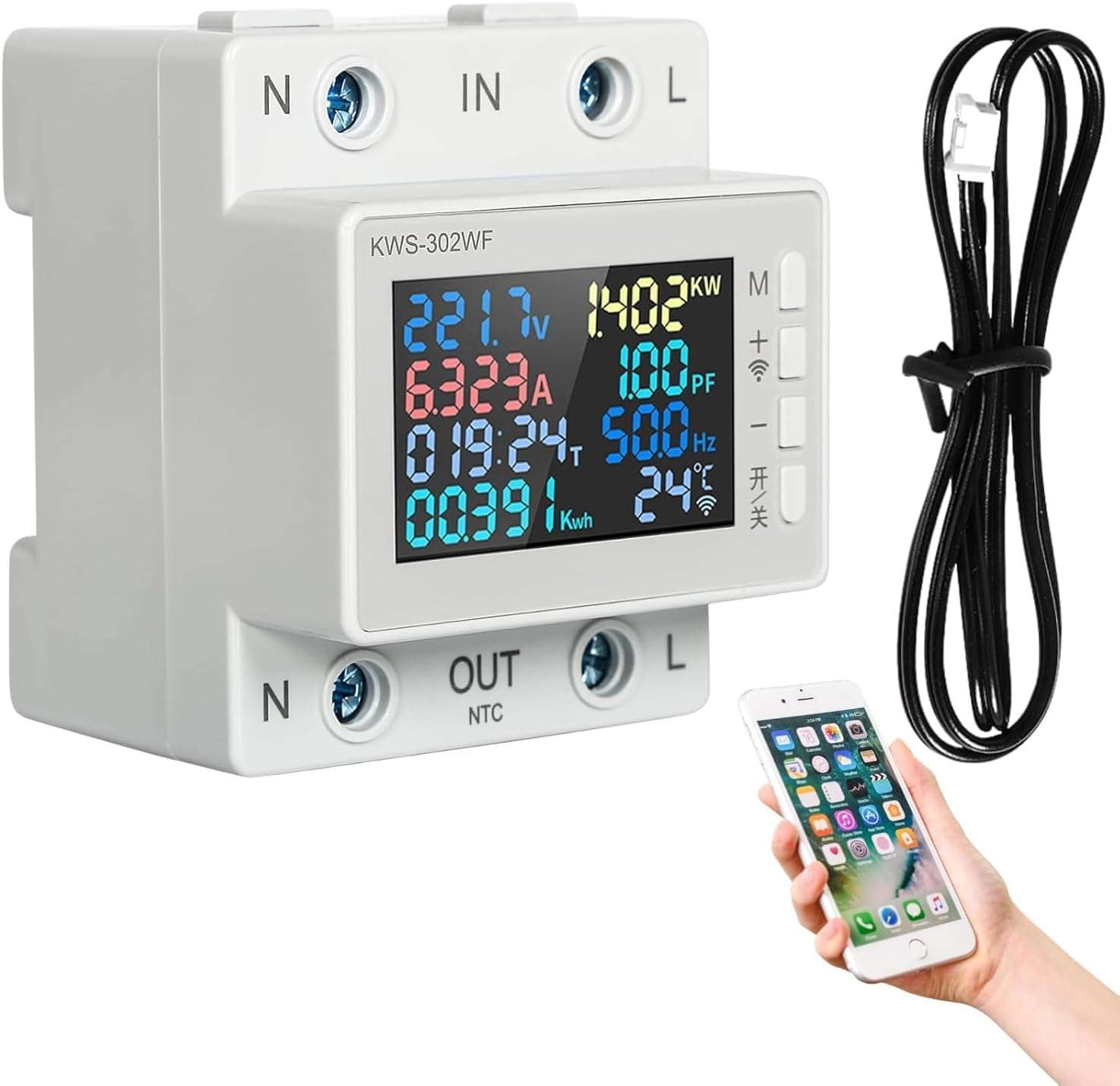 عداد كهرباء رقمي من Aputue، جهاز مراقبة طاقة WiFi AC170-300V 63A مع تحكم ذكي في التطبيقات، عداد استهلاك الطاقة 8 في 1 لتتبع كهرباء المنزل والمكتب
