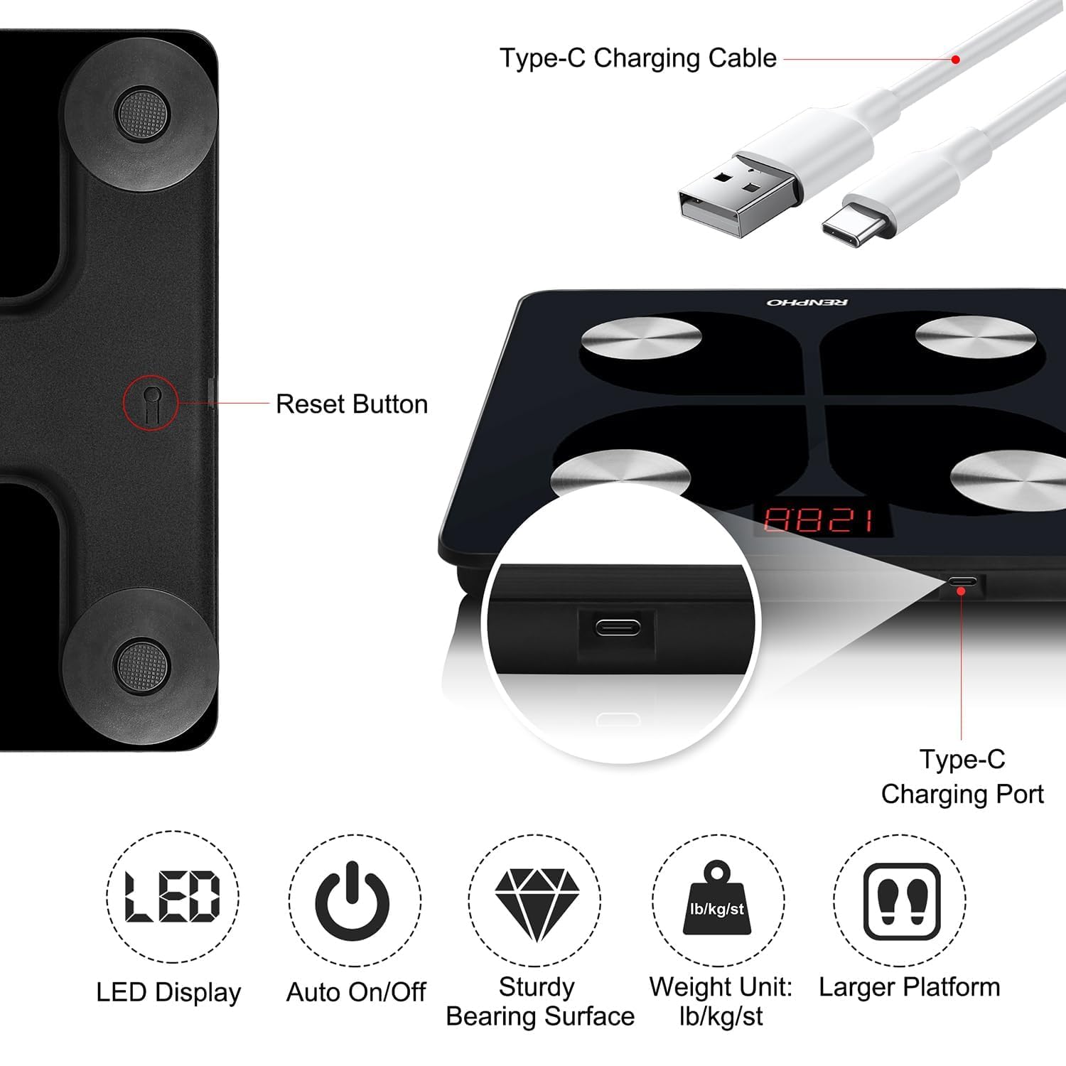 مقياس رينفو الذكي لوزن الجسم، مقياس تكوين الجسم 8 أقطاب مع مؤشر كتلة الجسم، دهون الجسم، كتلة العضلات، مقياس دهون الجسم القابل لإعادة الشحن مع شاشة TFT LCD كاملة الألوان على المقبض، MorphoScan Nova، أسود - الصورة 3