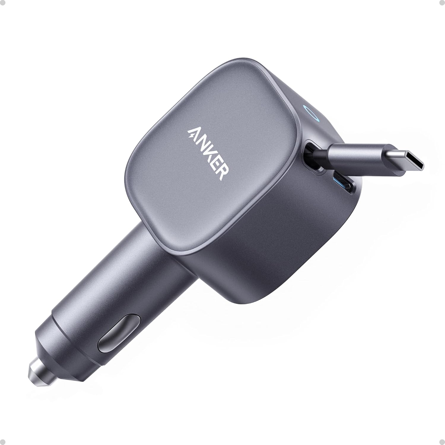 شاحن سيارة Anker USB C، شاحن سيارة سريع من النوع C بقوة 75 وات كحد أقصى مع كابل مدمج قابل للسحب لأجهزة الكمبيوتر المحمول وسلسلة iPhone 17/16/15 وSamsung S25/S24/S23 وHuawei وHonor والمزيد