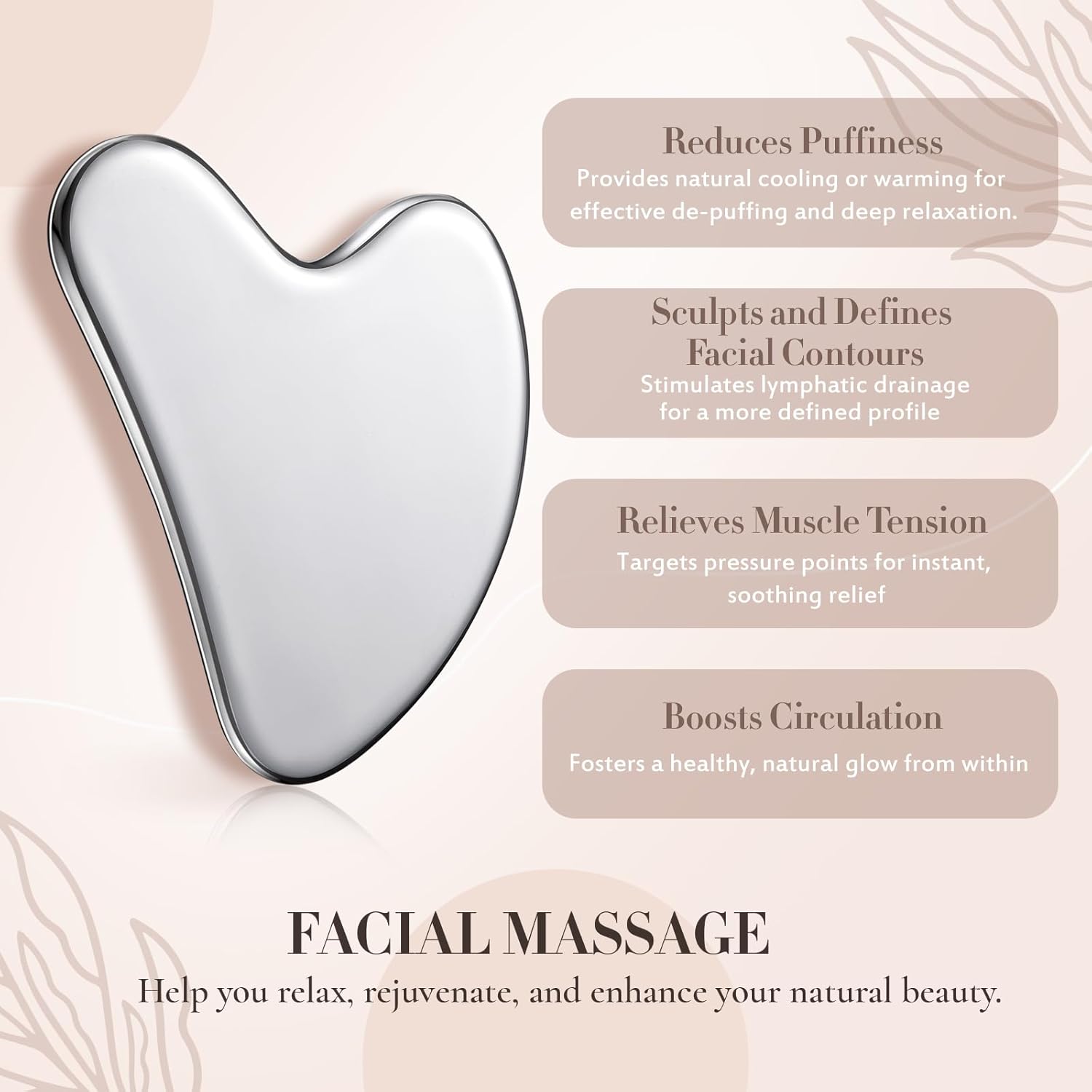 أدوات الوجه Gua Sha المصنوعة من الفولاذ المقاوم للصدأ من Nuanchu، هدايا العناية الذاتية لعيد الأم، Guasha للوجه المعدني Gua Sha لشد الجلد، أداة تجميل Guasha لتدليك عيون الجسم مع حقيبة سفر (فضية) - الصورة 5