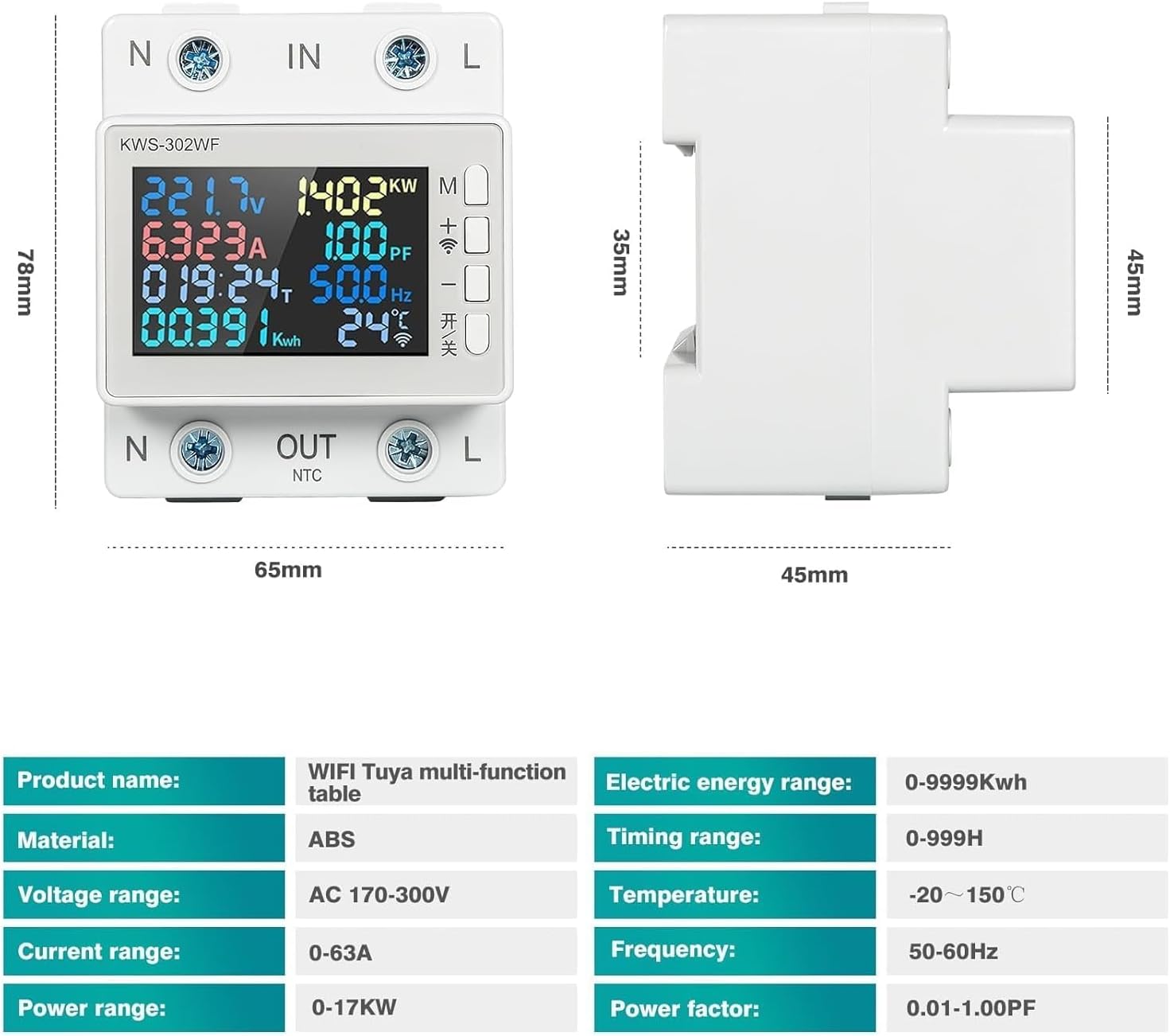 عداد كهرباء رقمي من Aputue، جهاز مراقبة طاقة WiFi AC170-300V 63A مع تحكم ذكي في التطبيقات، عداد استهلاك الطاقة 8 في 1 لتتبع كهرباء المنزل والمكتب - الصورة 9