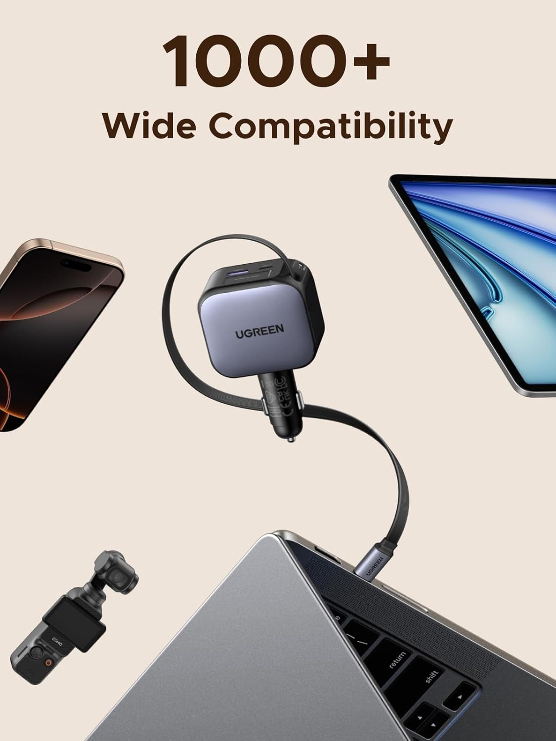 شاحن من يوجرين بمنفذ USB متوافق مع آيفون 17 وسامسونج S25 وبيكسل 10، 3 منافذ، 90 واط، شحن سريع وكابل قابل للسحب مع حماية متعددة - الصورة 7