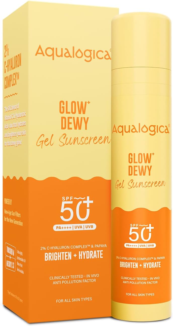 كريم الوقاية من الشمس Aqualogica Glow+ Dewy مع فيتامين C وحمض الهيالورونيك ومستخلص البابايا | عامل حماية من الشمس 50 PA++++، حماية واسعة النطاق من الأشعة فوق البنفسجية فئة A وB، تفتيح، ترطيب، خفيف الوزن ولا يحتوي على حماية من الزهر الأبيض، 50 جم