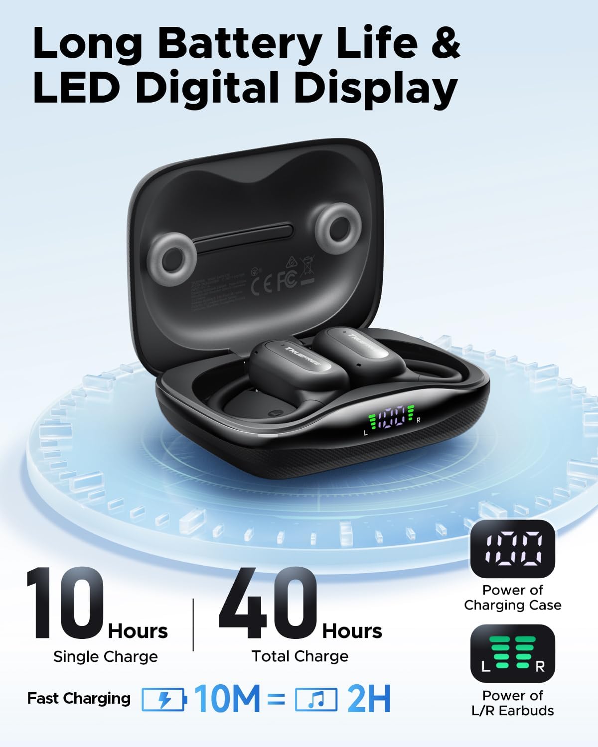 سماعات أذن لاسلكية مفتوحة الأذن من TRUEFREE EarFit DS1، مشبك أذن بلوتوث 6.0 مع شاشة LED، وقت تشغيل 40 ساعة، مقاومة للماء IPX5، ملاءمة آمنة، ميكروفون لإلغاء الضوضاء للرياضة والعمل والتنقل - الصورة 5