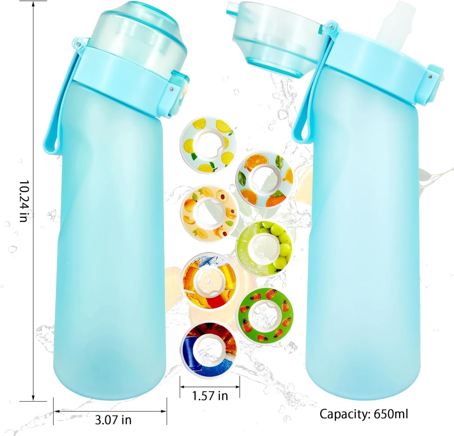 مجموعة زجاجات الشرب XICEN Sports Air Water Bottle Free BPA، زجاجة مياه برائحة الفاكهة سعة 650 مل مع 7 كبسولات نكهات، كوب ماء سكر بنسبة 0% للصالة الرياضية والخارجية (أزرق) - الصورة 3