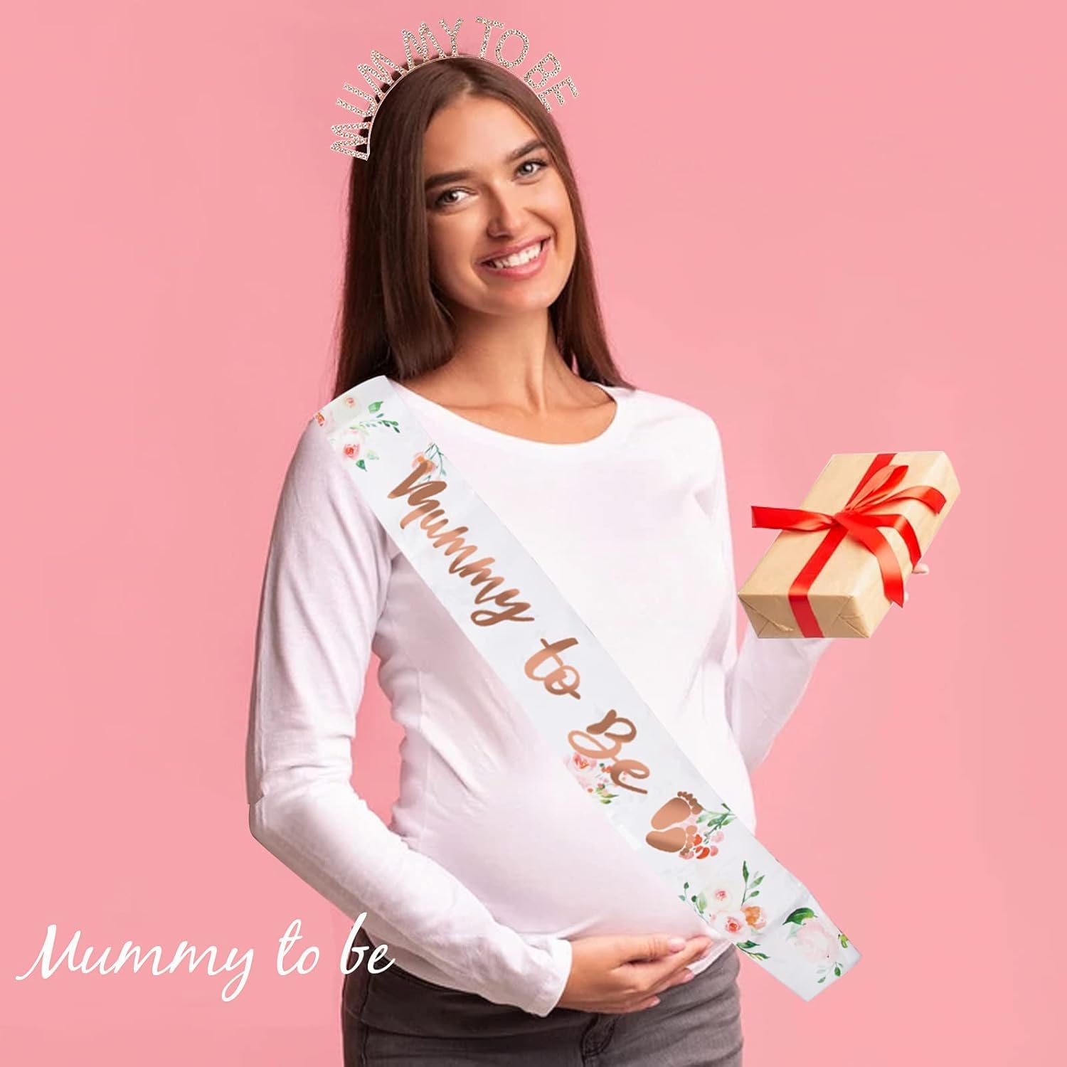 وشاح وتاج مزينان بعبارة «Mummy to Be» من حجر الراين لحفلات السبوع، اكسسوارات هدايا الحفلات، مستلزمات الحفلات - الصورة 3