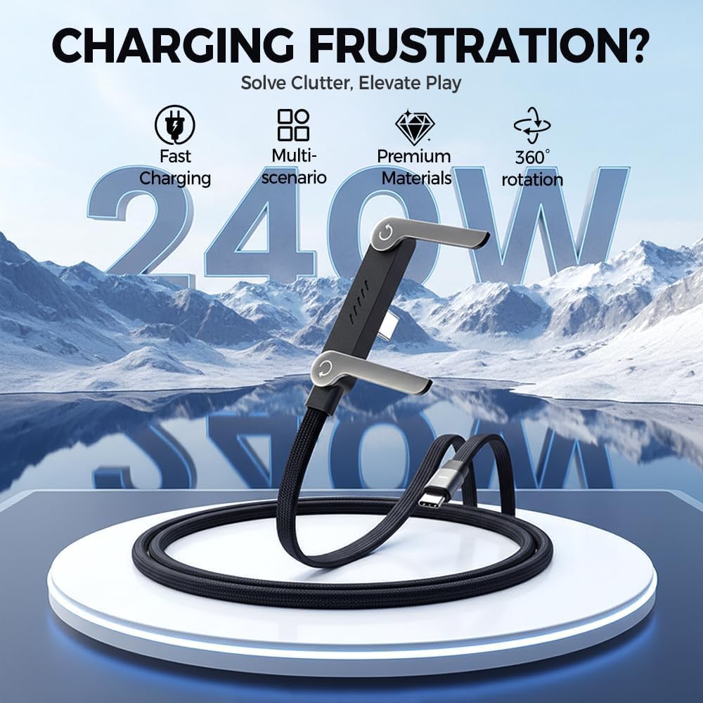 كابل شحن سريع 2 في 1 بقوة 240 وات مع حامل هاتف مدمج، تصميم حامل غير مرئي، سلك USB C مضفر للألعاب والمكتب والسفر، شاحن متين خالٍ من التشابك مع حامل متكامل - الصورة 2