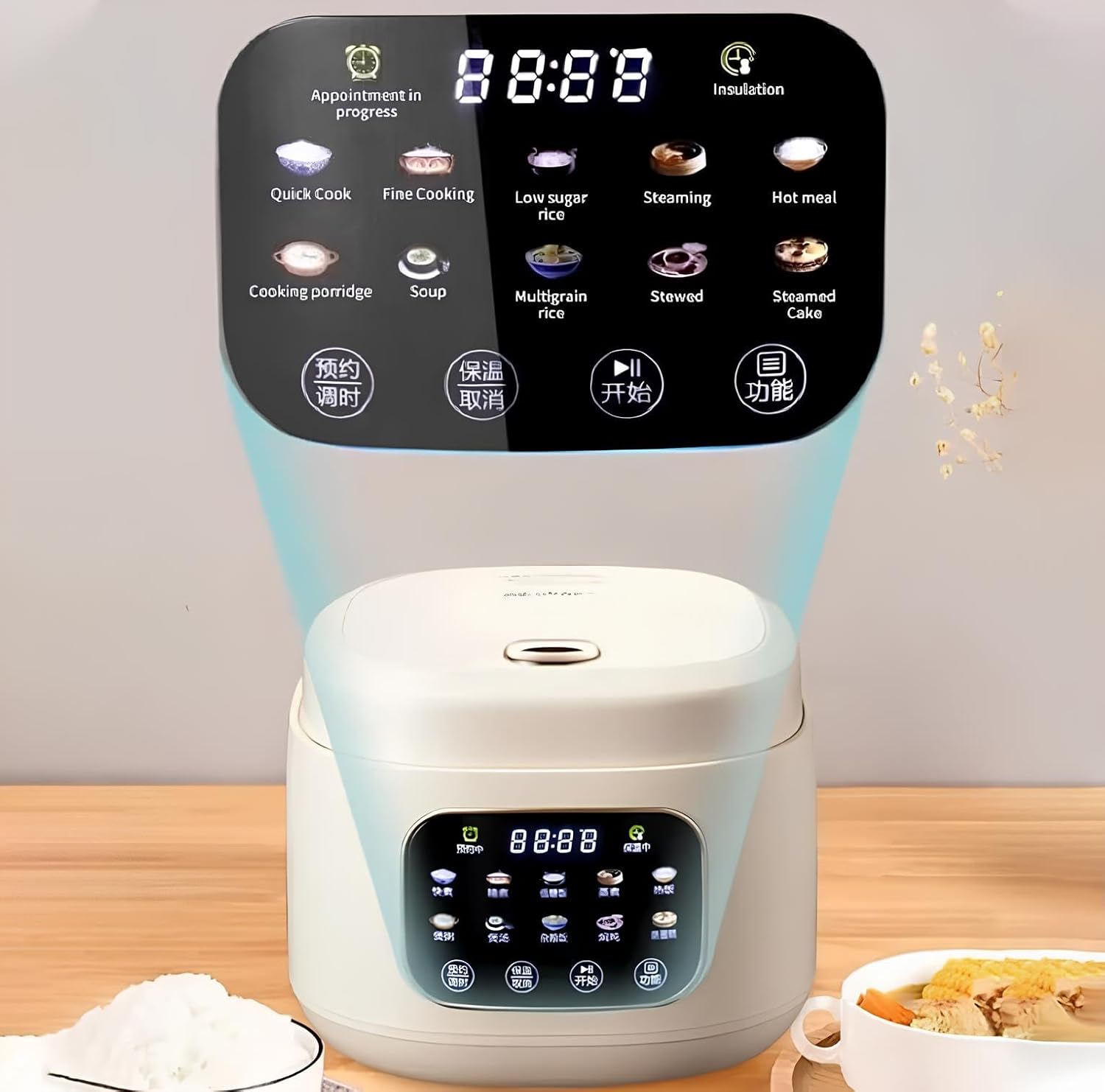 جهاز طهي الأرز منخفض السكر سعة 2 لتر مع جهاز بخار من XVersion، جهاز طهي متعدد ذكي للأرز والحساء والحساء والكعك، ومؤقت، ووظيفة الحجز والحفاظ على الدفء، وصانع الأرز الكهربائي للمنزل/المطبخ/العائلة (بيج) - الصورة 3