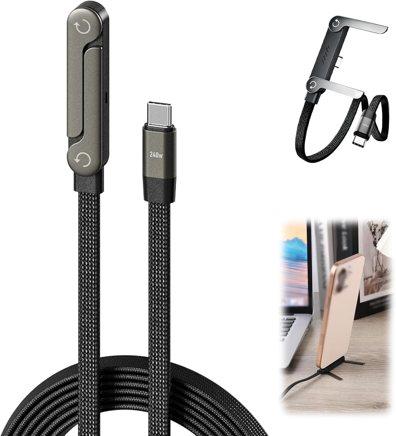 كابل شحن سريع 2 في 1 بقوة 240 وات مع حامل هاتف مدمج، تصميم حامل غير مرئي، سلك USB C مضفر للألعاب والمكتب والسفر، شاحن متين خالٍ من التشابك مع حامل متكامل