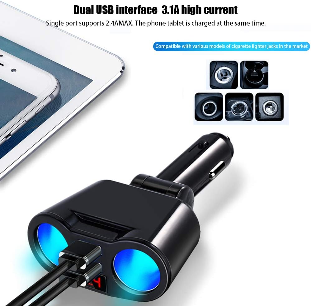 XUMIUZIY LED شاشة رقمية شاحن سيارة مزدوج USB ولاعة السجائر المقبس الفاصل 12-24 فولت 120 واط للأجهزة المحمولة ABS + PC 1 قطعة (أسود) - الصورة 8