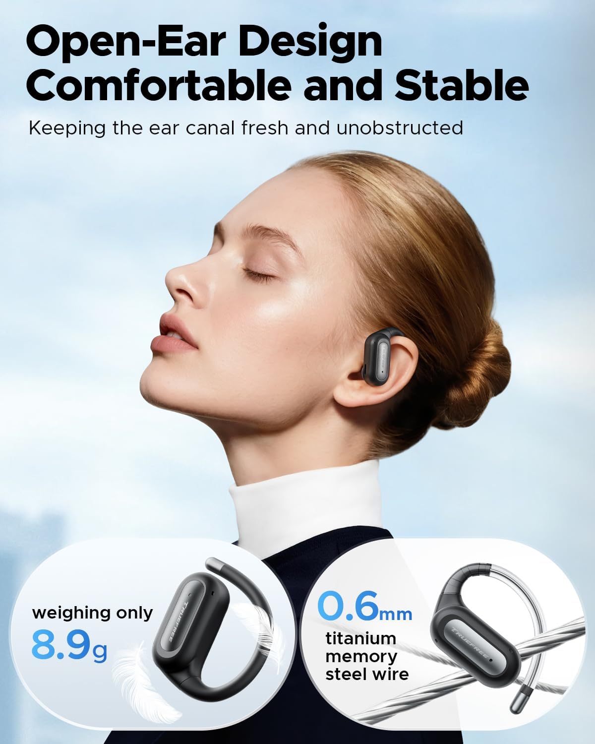 سماعات أذن لاسلكية مفتوحة الأذن من TRUEFREE EarFit DS1، مشبك أذن بلوتوث 6.0 مع شاشة LED، وقت تشغيل 40 ساعة، مقاومة للماء IPX5، ملاءمة آمنة، ميكروفون لإلغاء الضوضاء للرياضة والعمل والتنقل - الصورة 2