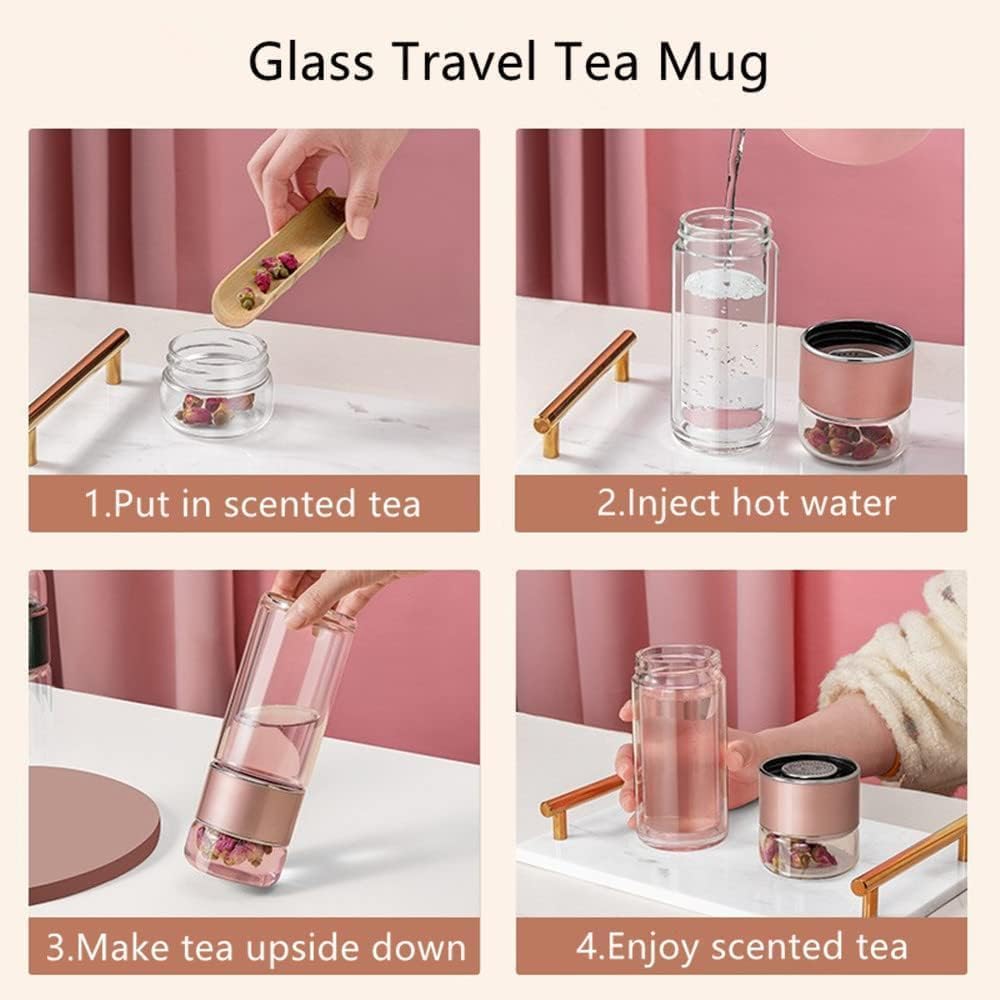 X Spring Tea Infuser Bottle Glass، زجاجة مياه زجاجية مزدوجة الجدار سعة 350 مل مع فلتر من الفولاذ المقاوم للصدأ، كوب سفر محمول مانع للتسرب للمشروبات الساخنة والباردة لعشاق شرب القهوة والشاي - الصورة 5