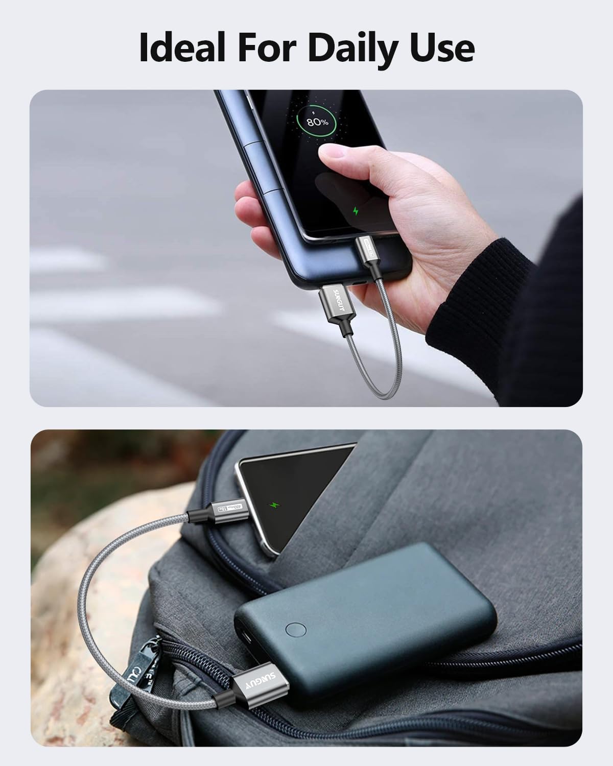 كابلات USB صغيرة قصيرة مقاس 6 بوصات من SUNGUY، 3 قطع شاحن Android بطول 0.5 قدم، سلك بيانات شحن سريع متوافق مع Galaxy S6 S7 Edge، محطة شحن، عصا التلفزيون، PS4، Chromecast، هاتف Android - الصورة 6