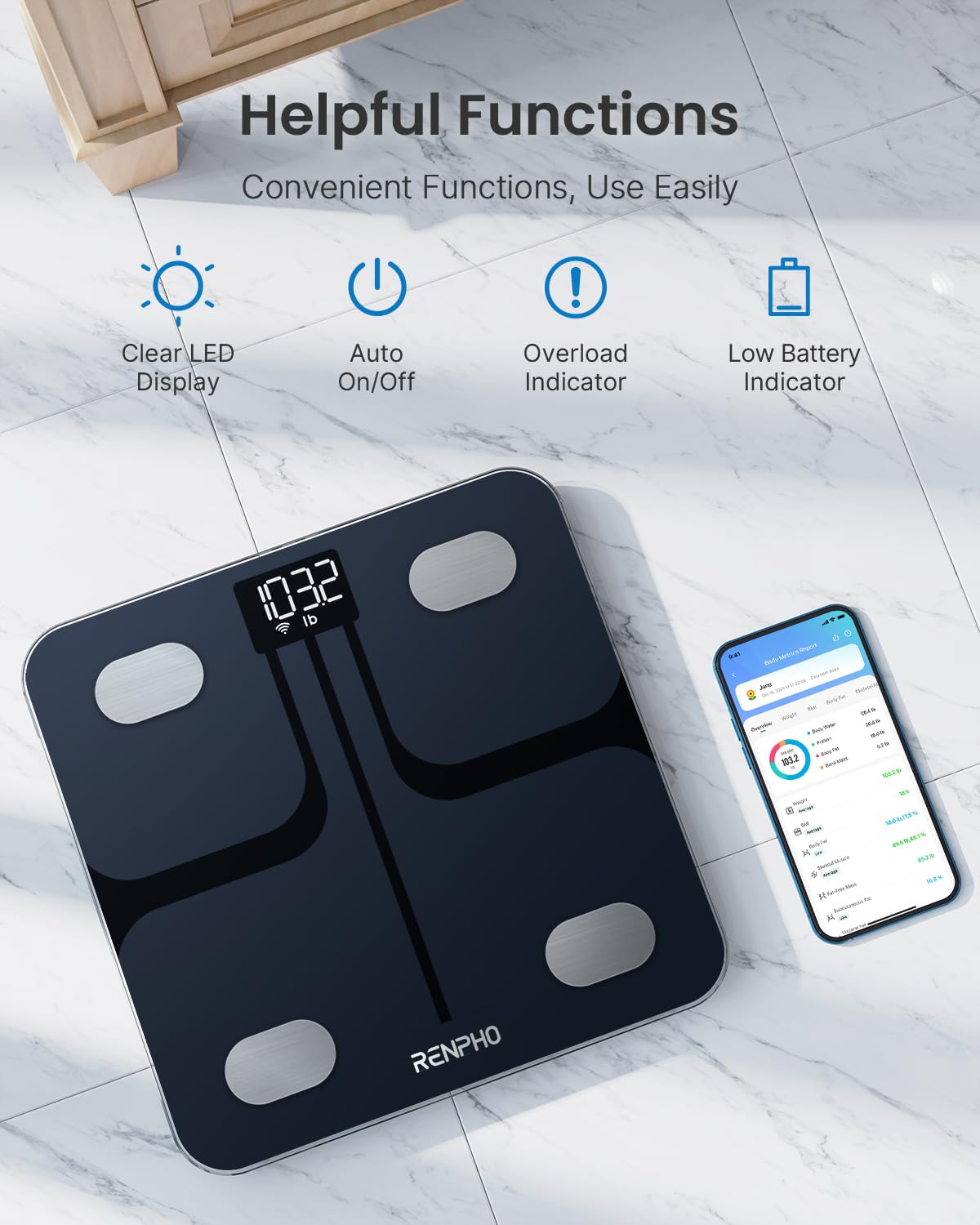 مقياس RENPHO Wi-Fi Bluetooth الذكي الرقمي لوزن الحمام مؤشر كتلة الجسم لقياس الدهون في الجسم يتتبع 13 مقياسًا، تحليل تكوين الجسم اللاسلكي ومراقبة الصحة مع شاشة LED مضاءة - Elis Aspire - الصورة 4