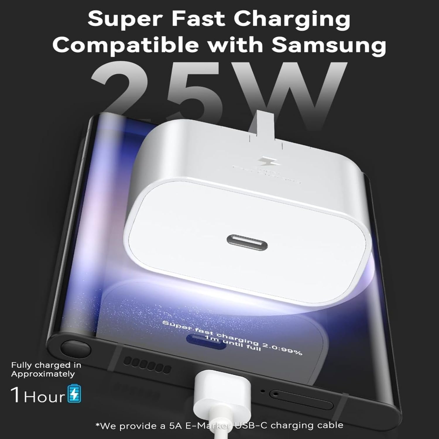 شاحن سريع USB-C بقدرة 25 وات مع كابل من النوع C إلى النوع C، ومحول جدار شحن فائق السرعة PD، قابس بريطاني ذو 3 دبابيس، متوافق مع iPhone وSamsung وAndroid والأجهزة اللوحية - الصورة 2