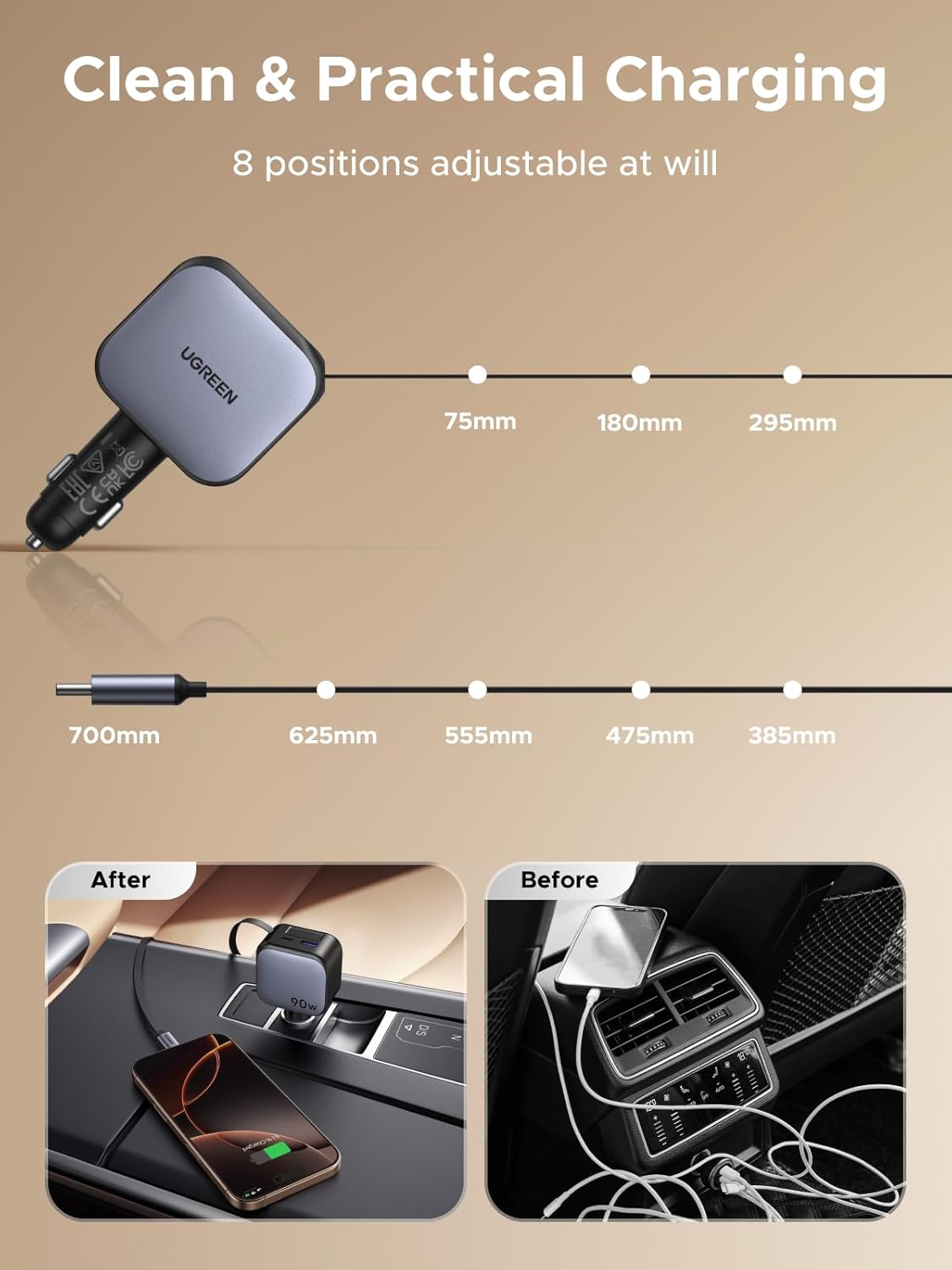 شاحن من يوجرين بمنفذ USB متوافق مع آيفون 17 وسامسونج S25 وبيكسل 10، 3 منافذ، 90 واط، شحن سريع وكابل قابل للسحب مع حماية متعددة - الصورة 8